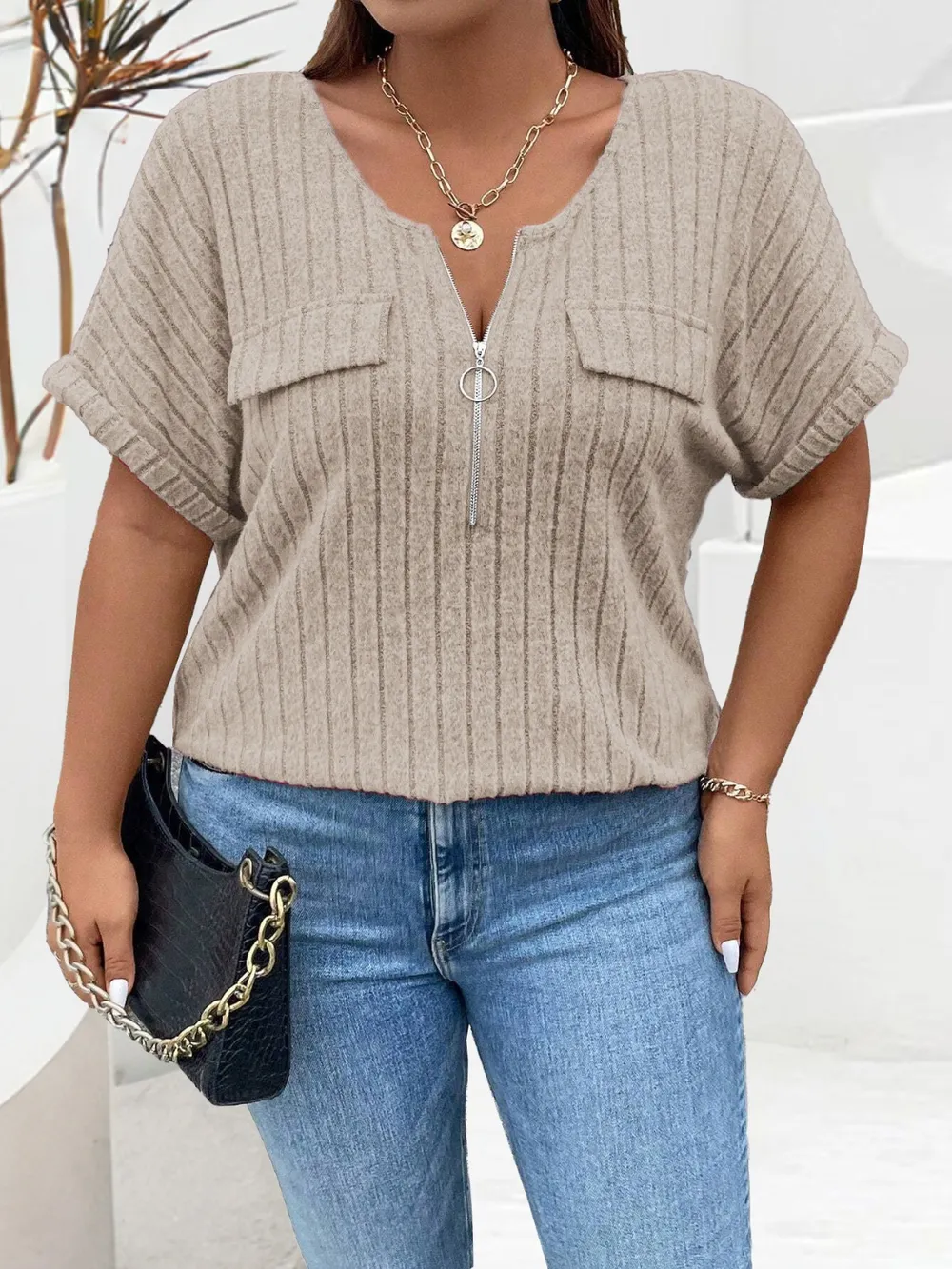 Plus Size Half Zip Short Sleeve T-Shirt, image 12