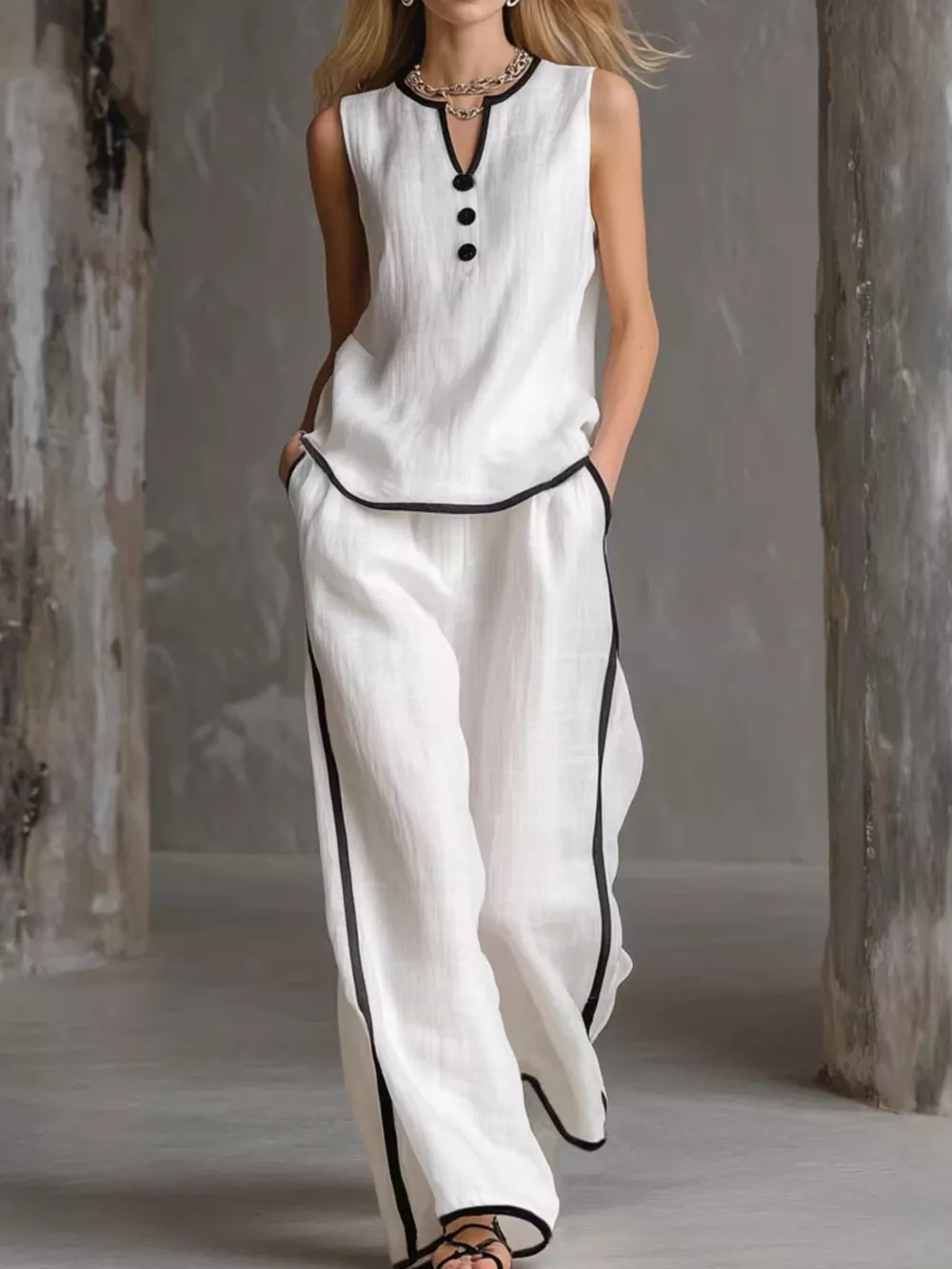 Full Size Contrast Trim Sleeveless Top and Pants Set Plus Size