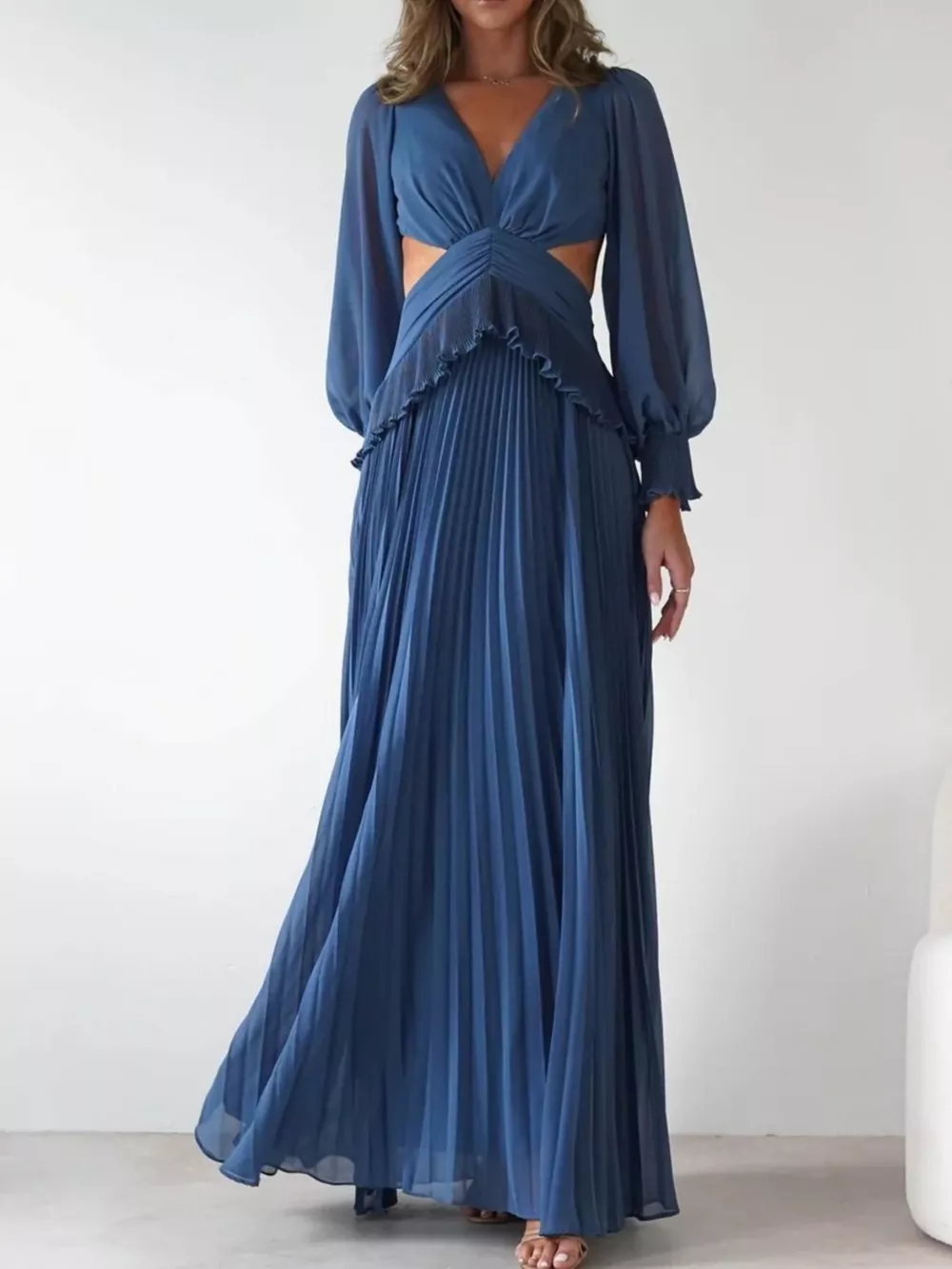 Backless Pleated Long Sleeve Maxi Dress, image 12