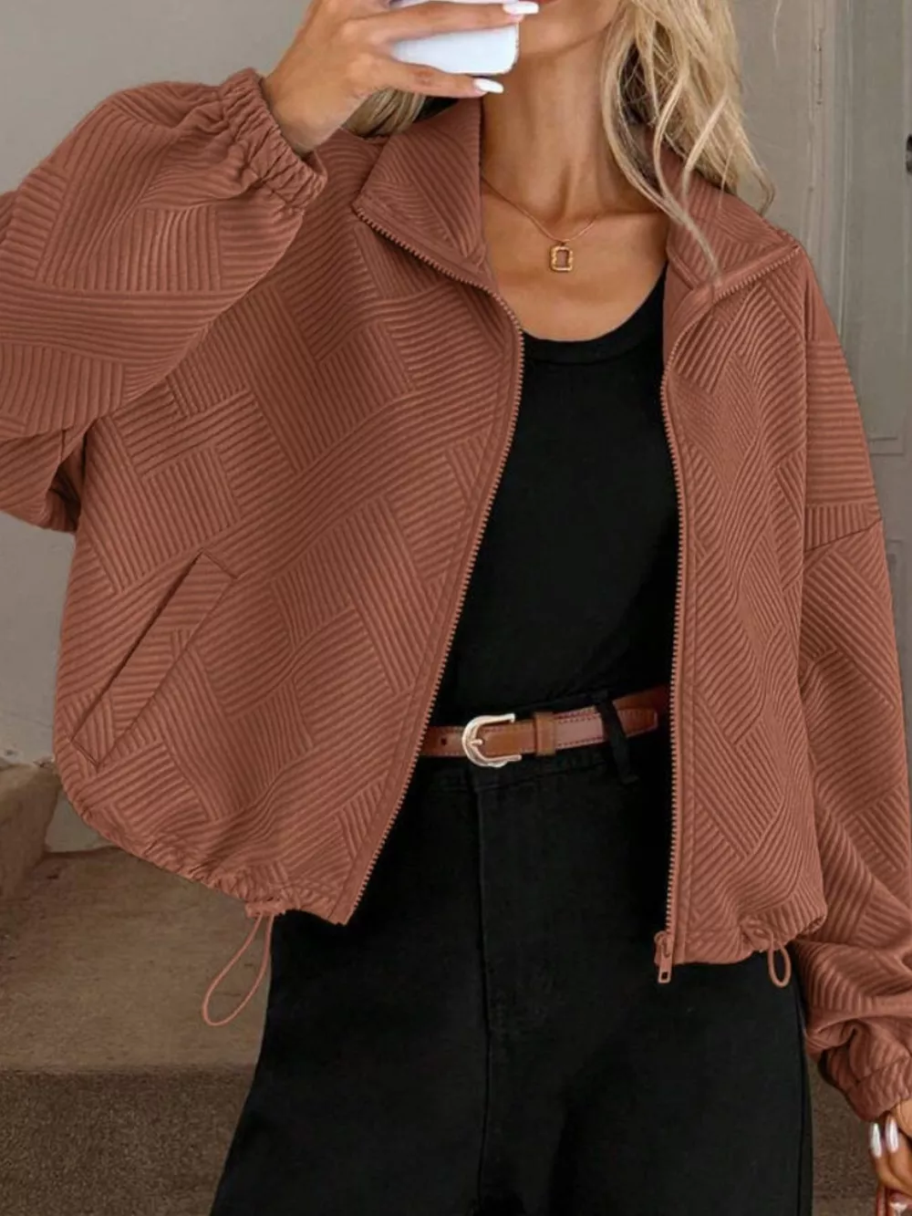 Textured Zip-Up Drawstring Hem Jacket, image 23