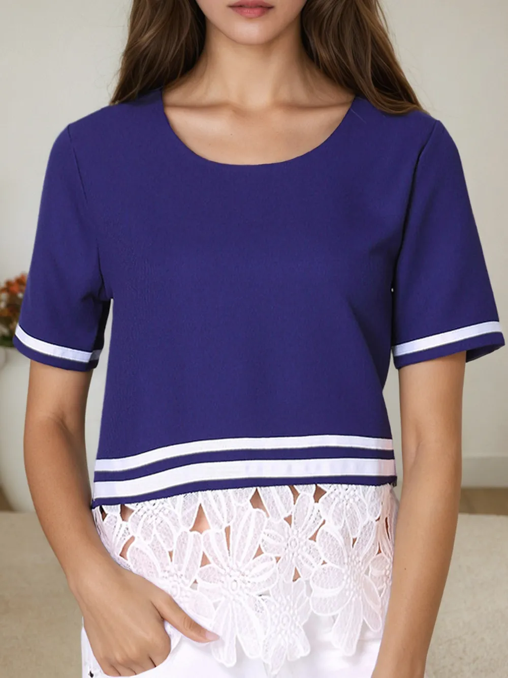 Striped Trim T-Shirt with Lace Hem Detail, image 5