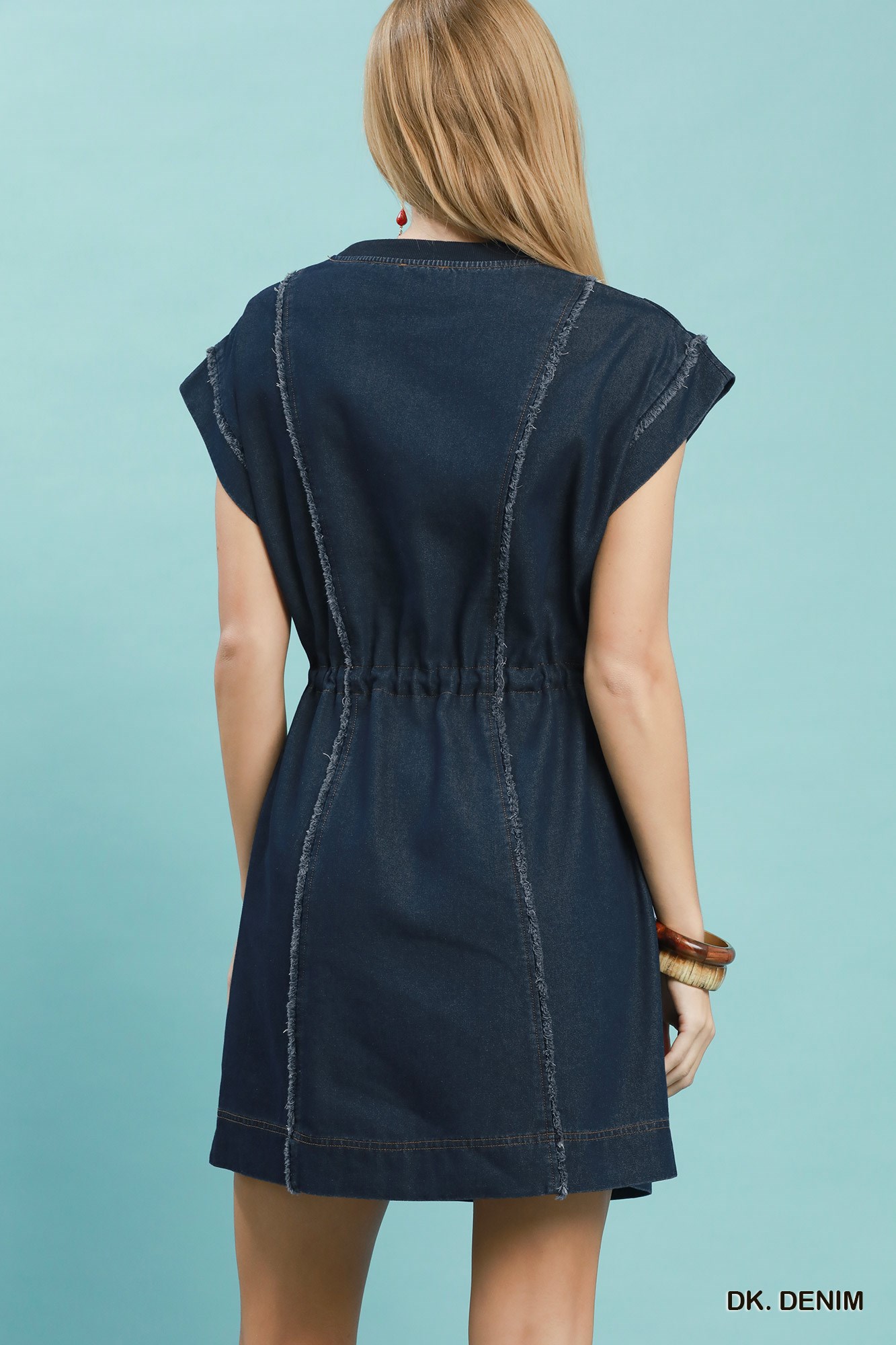 Drawstring Waist Frayed Denim Mini Dress, image 3