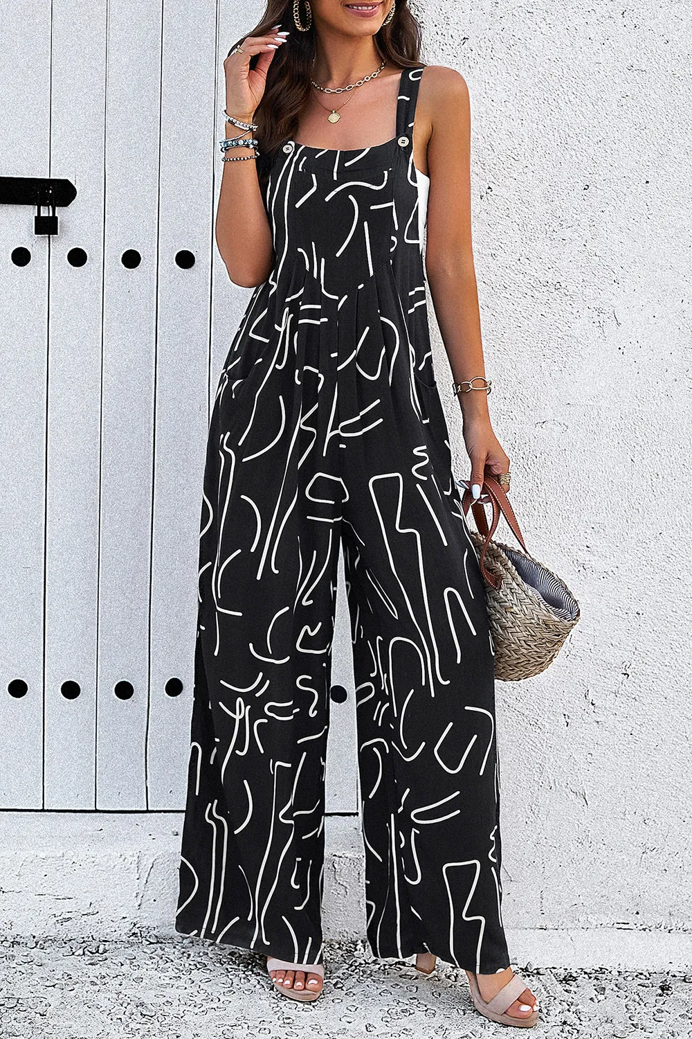 Printed Wide Strap Jumpsuit with Pockets, image 13