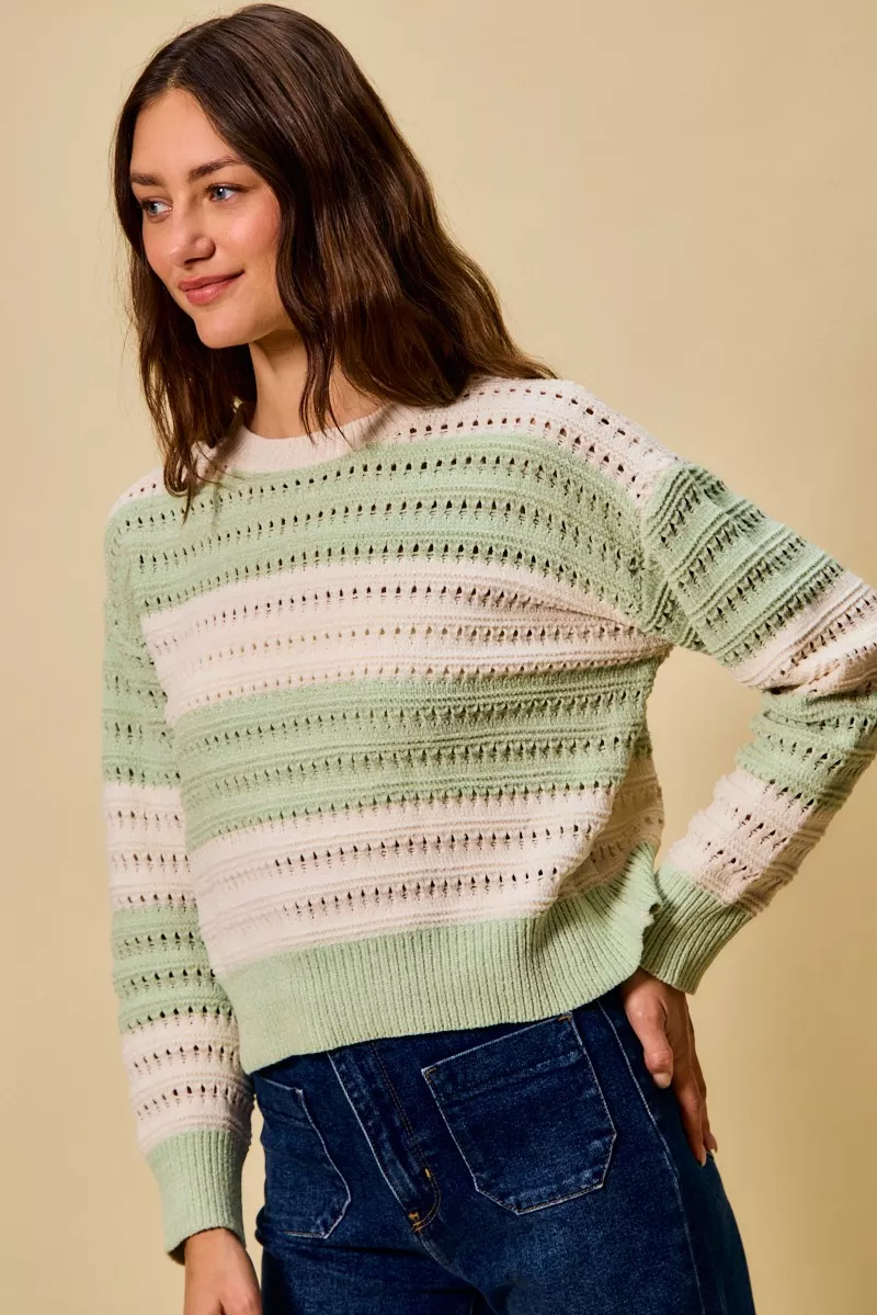 Openwork Round Neck Wide Stripe Textured Sweater, image 7