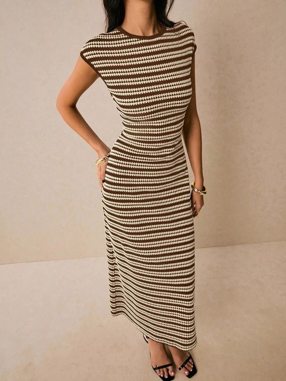 Striped Cap Sleeve Bodycon Midi Dress, image 31
