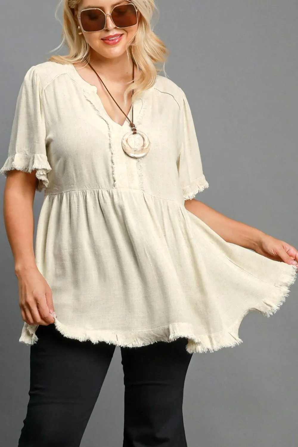 Full Size Raw Hem Notched Babydoll Linen Blouse Plus Size, image 5