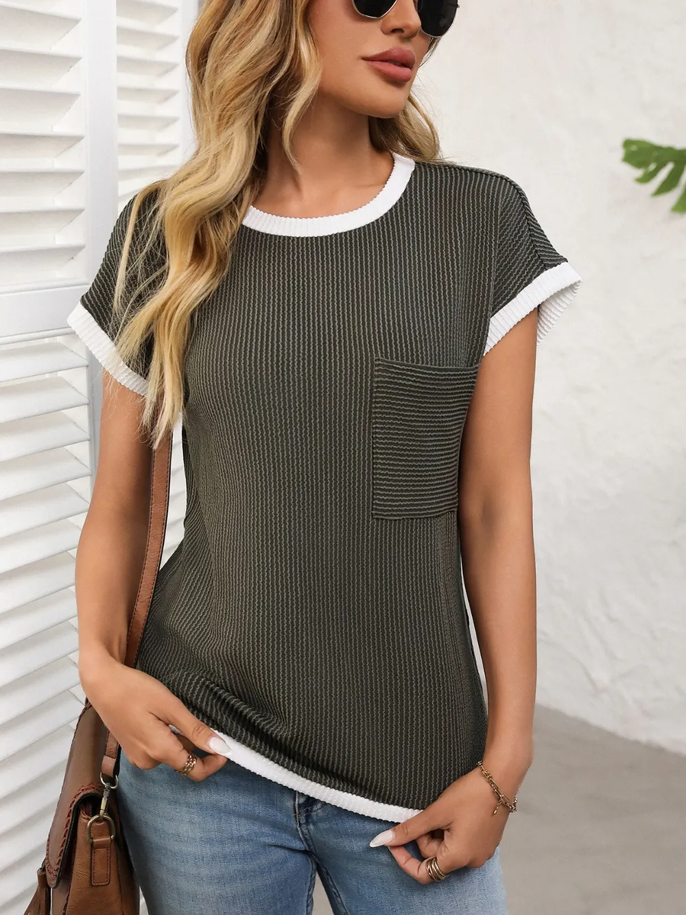 Contrast Trim Round Neck Short Sleeve T-Shirt, image 8
