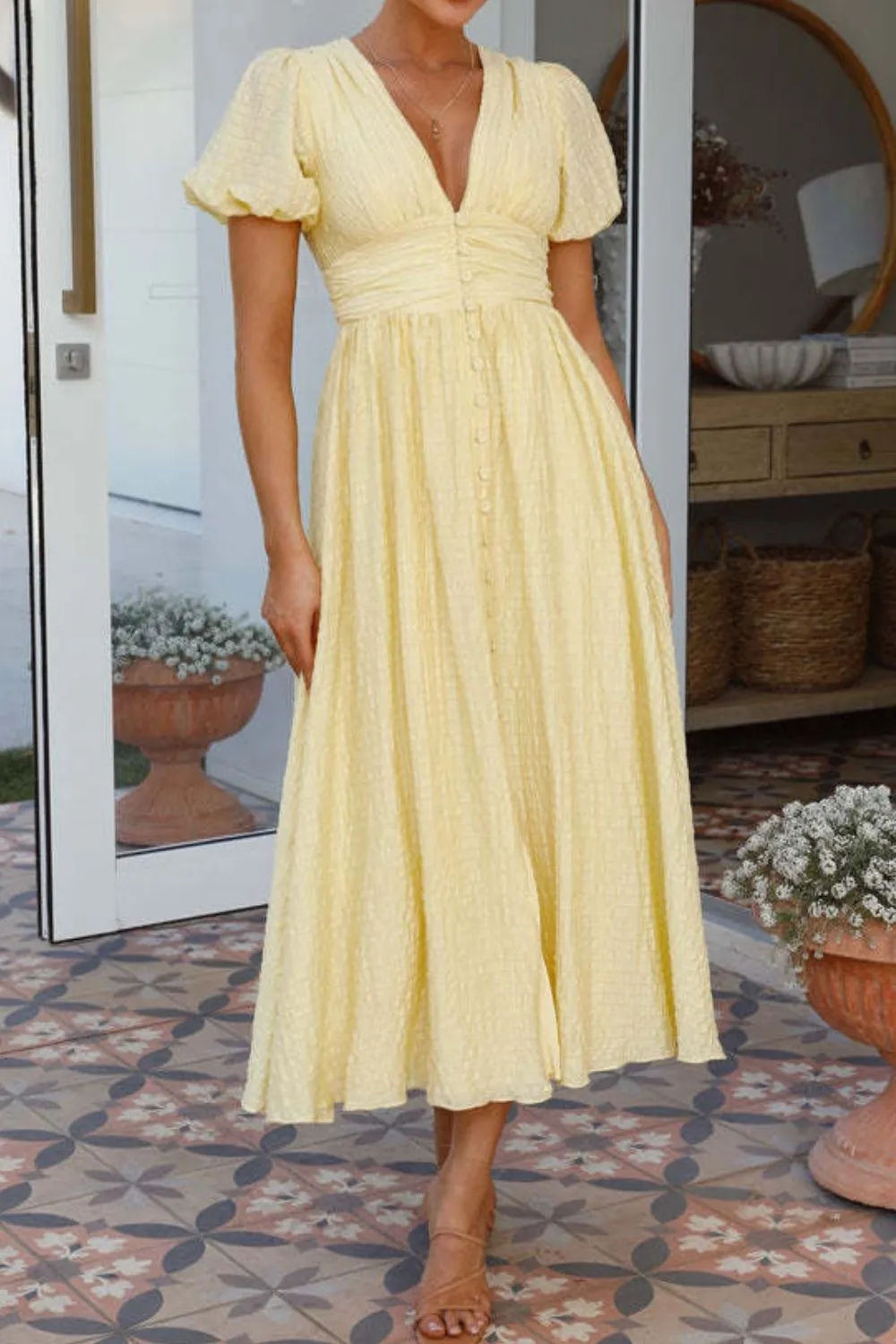 V-Neck Puff Short Sleeve Midi Dress, image 19