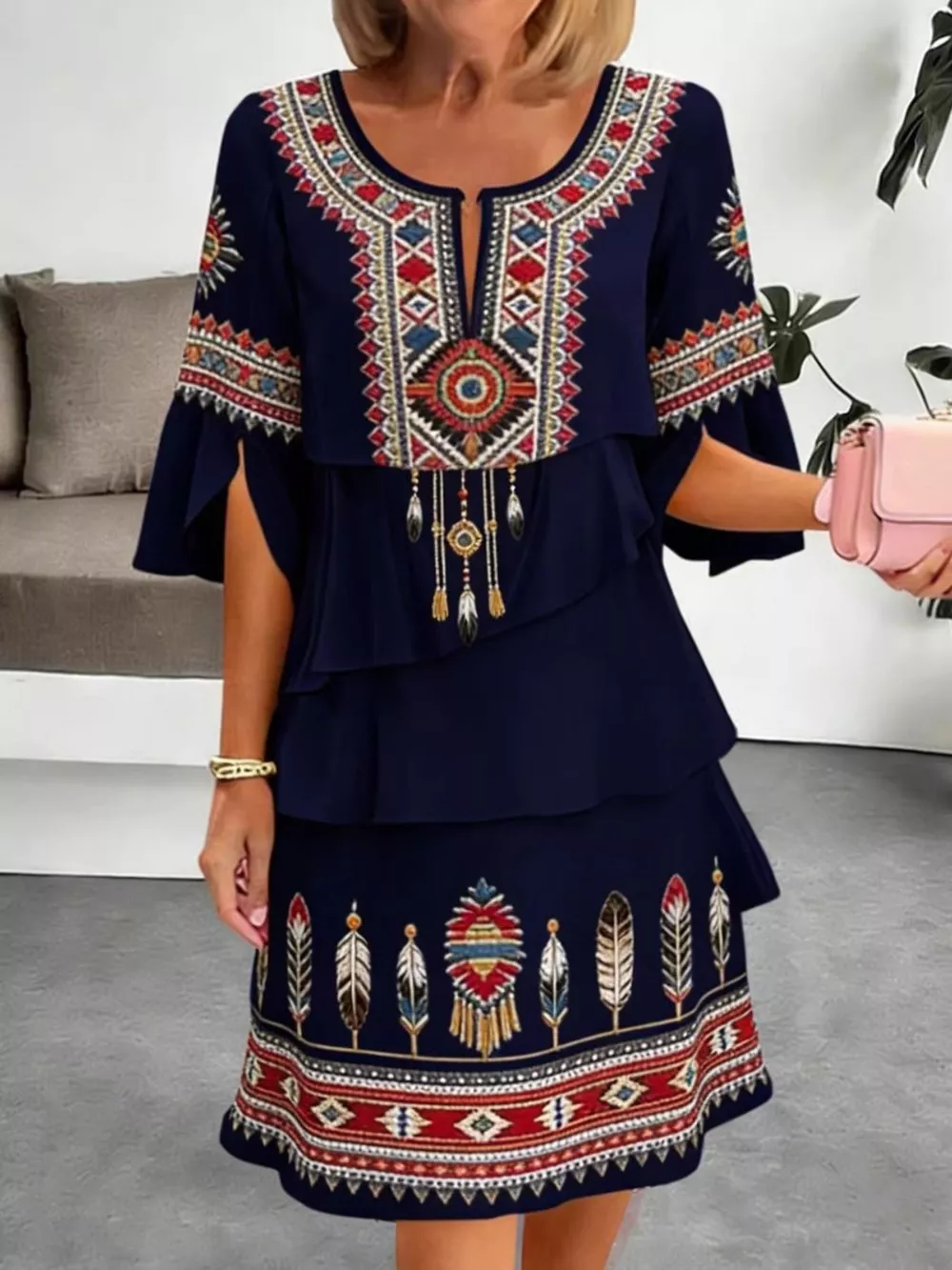 Full Size Printed Notched Ruffled Half Sleeve Dress Plus Size, image 8