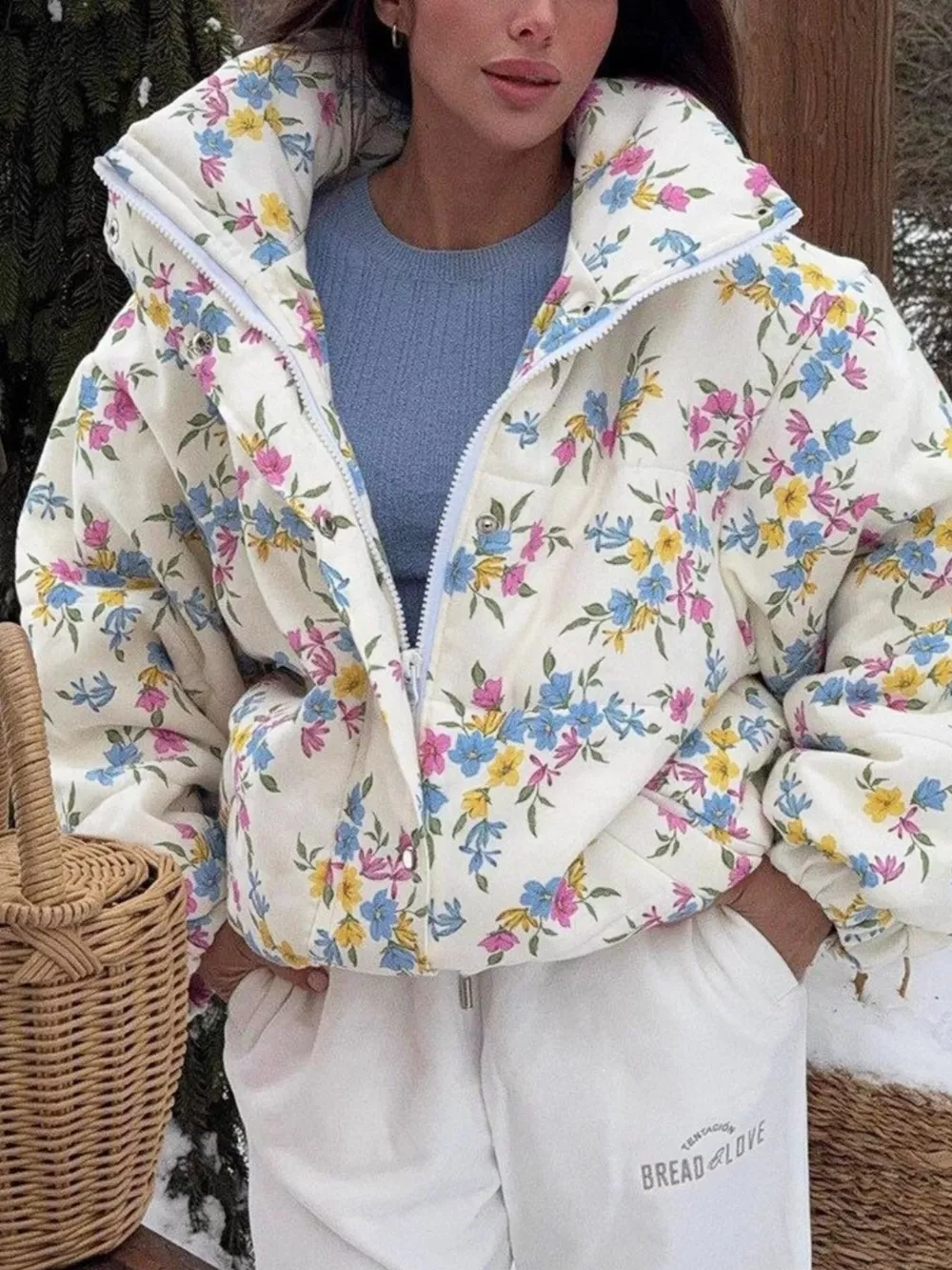Floral Print Stand Collar Puffer Jacket, image 3