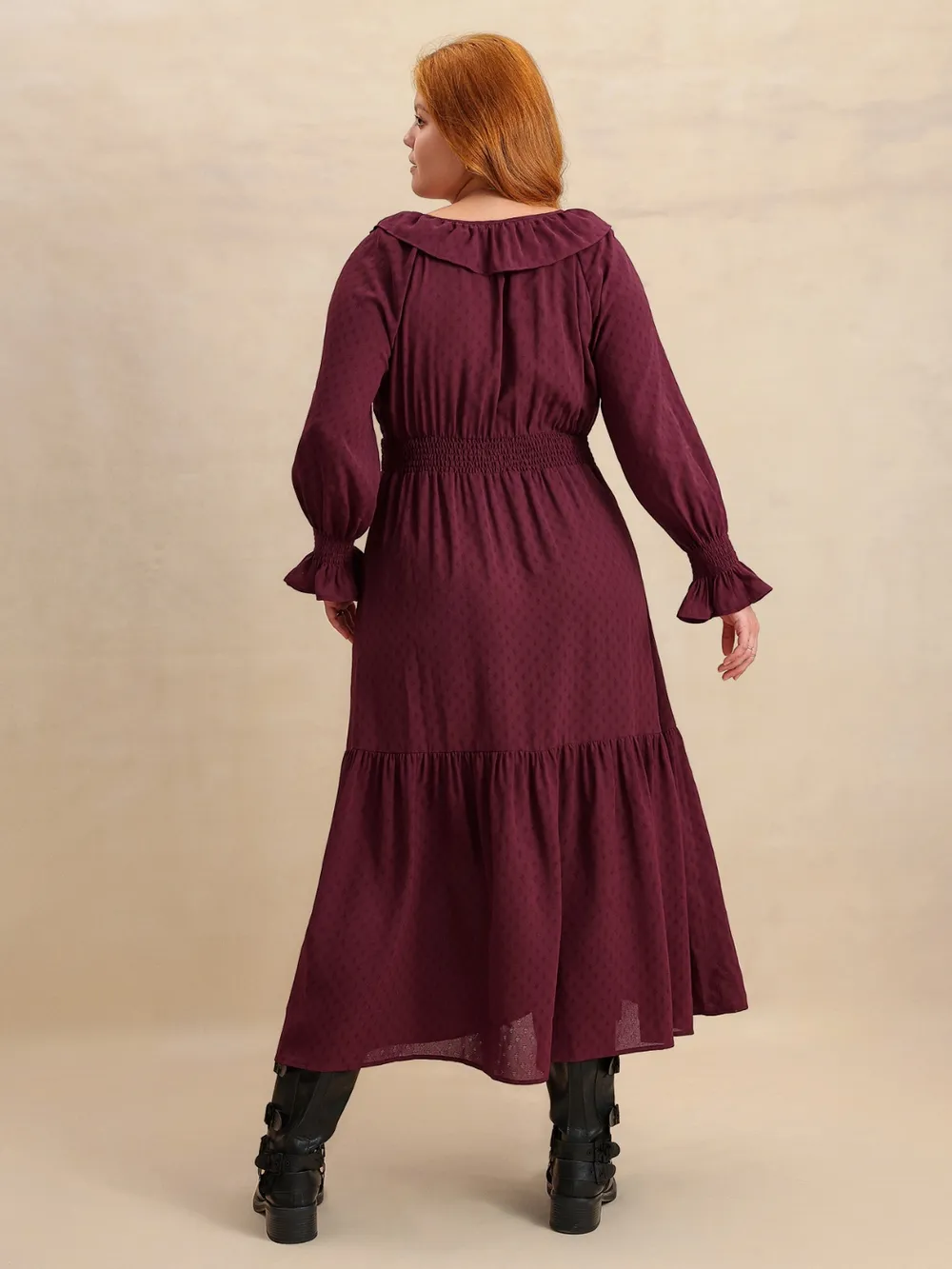Plus Size Swiss Dot Tie Neck Flounce Sleeve Maxi Dress, image 7