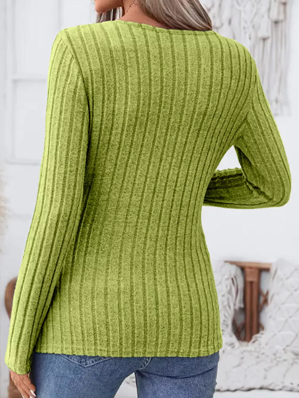 Ribbed Knit Notched Long Sleeve Top, image 3