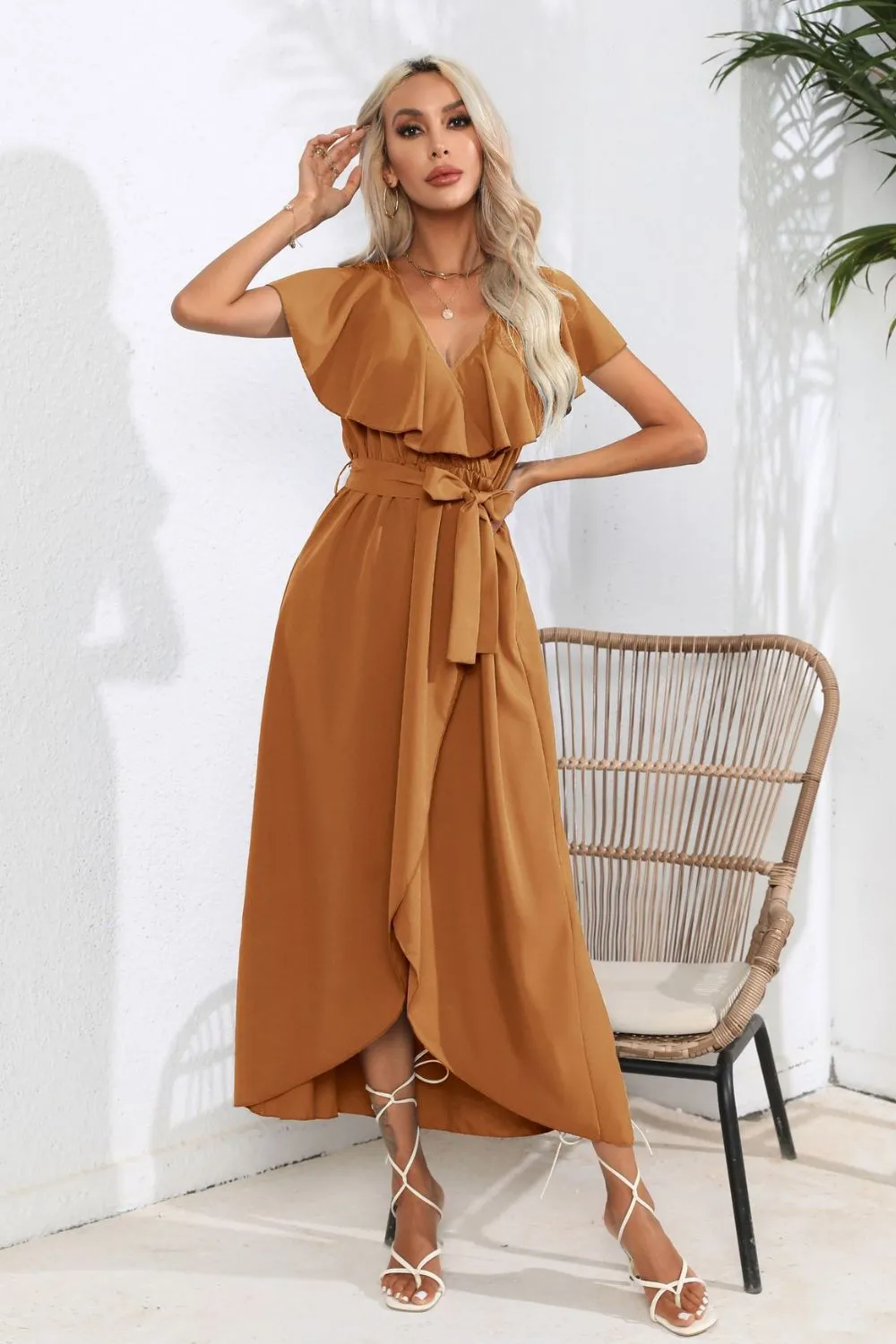 Tied Front Ruffled Short Sleeve Midi Dress, image 13