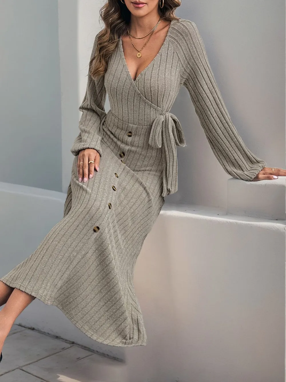 Ribbed Tied Surplice Long Sleeve Dress, image 6