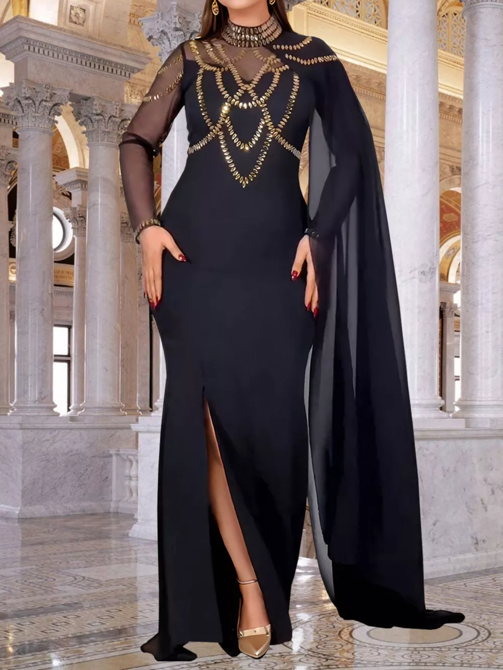 Rhinestone Slit Maxi Dress with Sheer Cape Sleeves