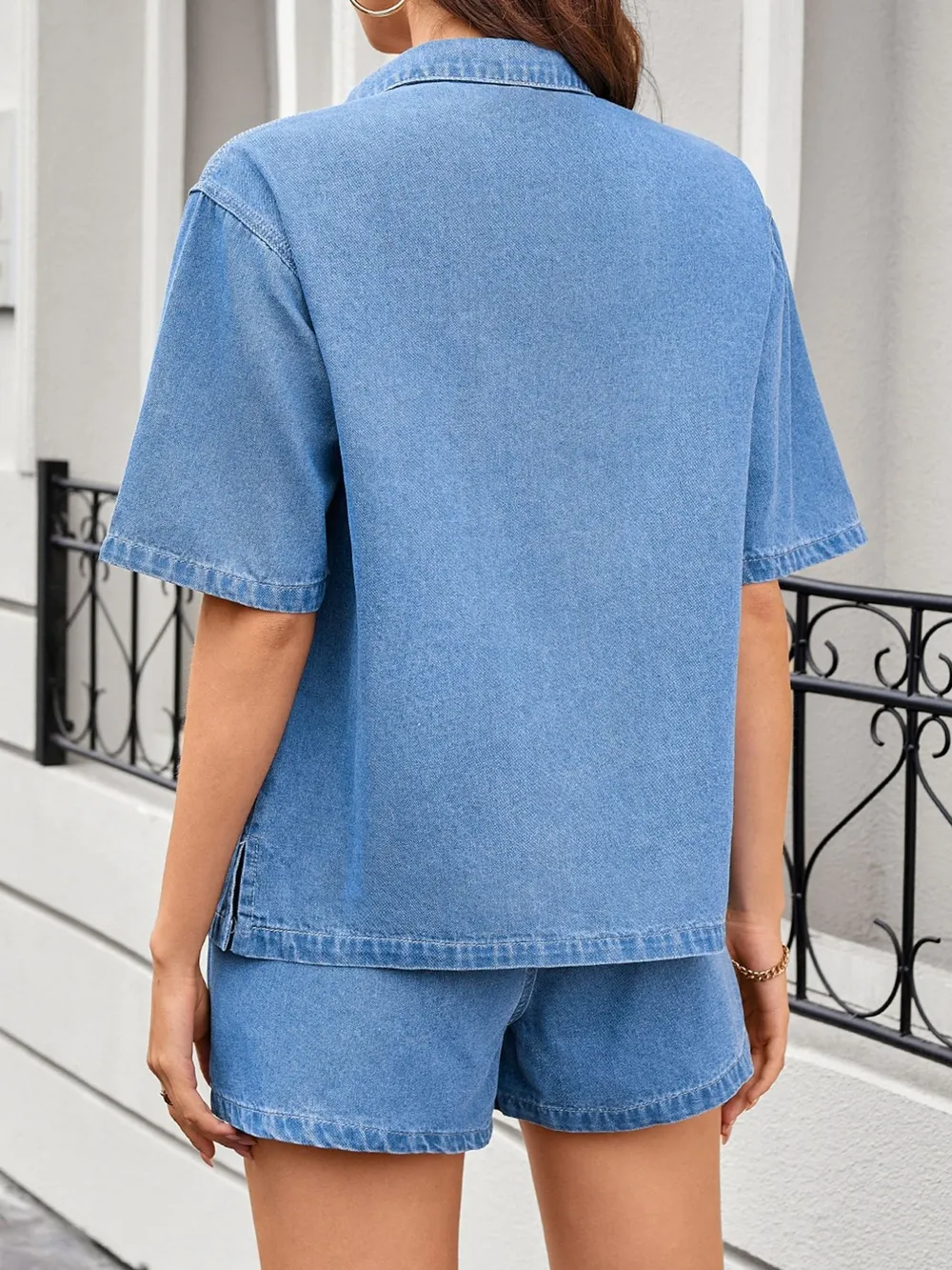 Casual Drop Shoulder Denim Shirt & Shorts Set, image 8