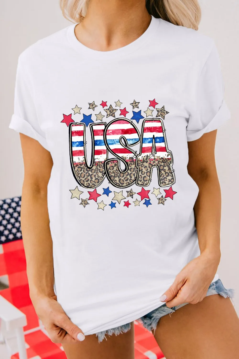 Patriotic Star Leopard USA Letter Graphic T Shirt