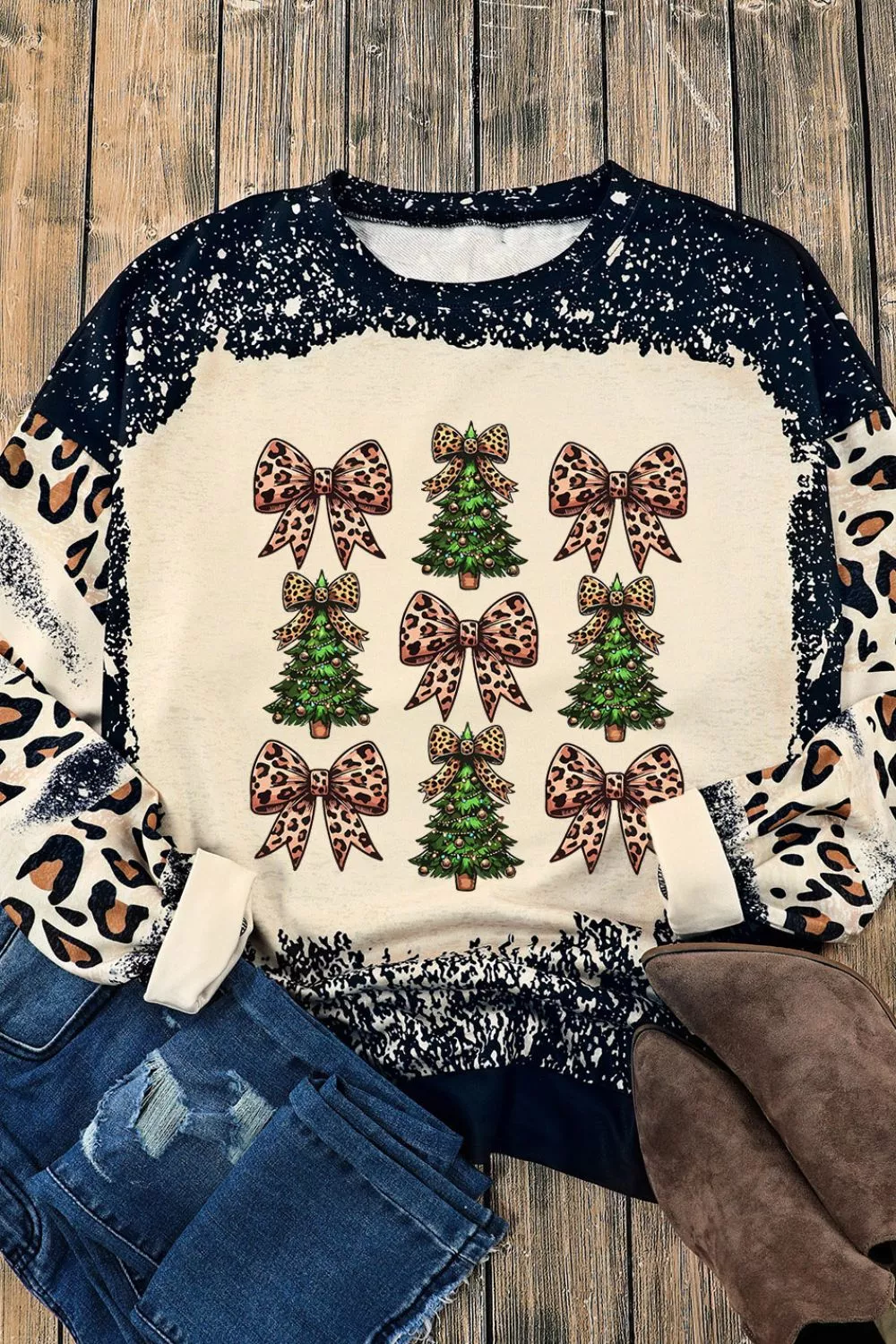Christmas Tree & Leopard Bow Round Neck Sweatshirt, image 3