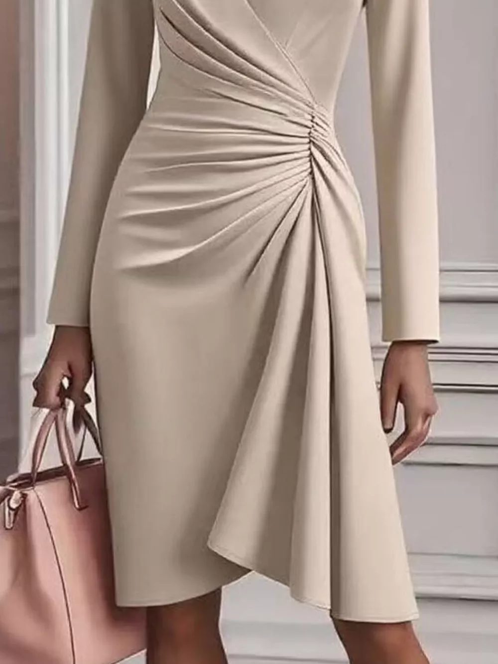 Front Ruched V-Neck Long Sleeve Dress, image 10