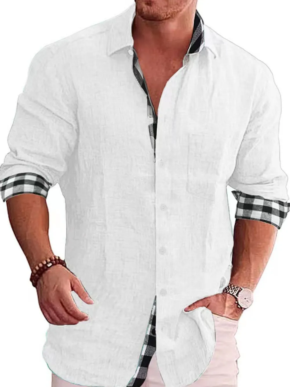 Men's Full Size Casual Linen Plaid-Trim Button Down Shirt Plus Size, image 3