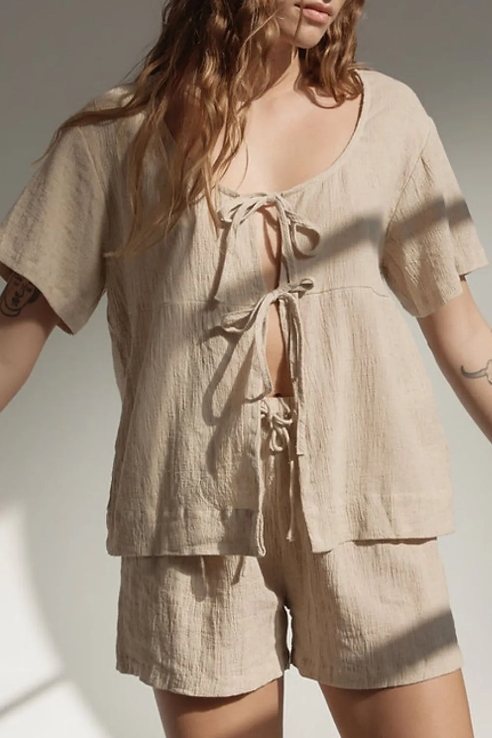 Plaid Tied Scoop Neck Short Sleeve Top and Drawstring Shorts Set, image 17