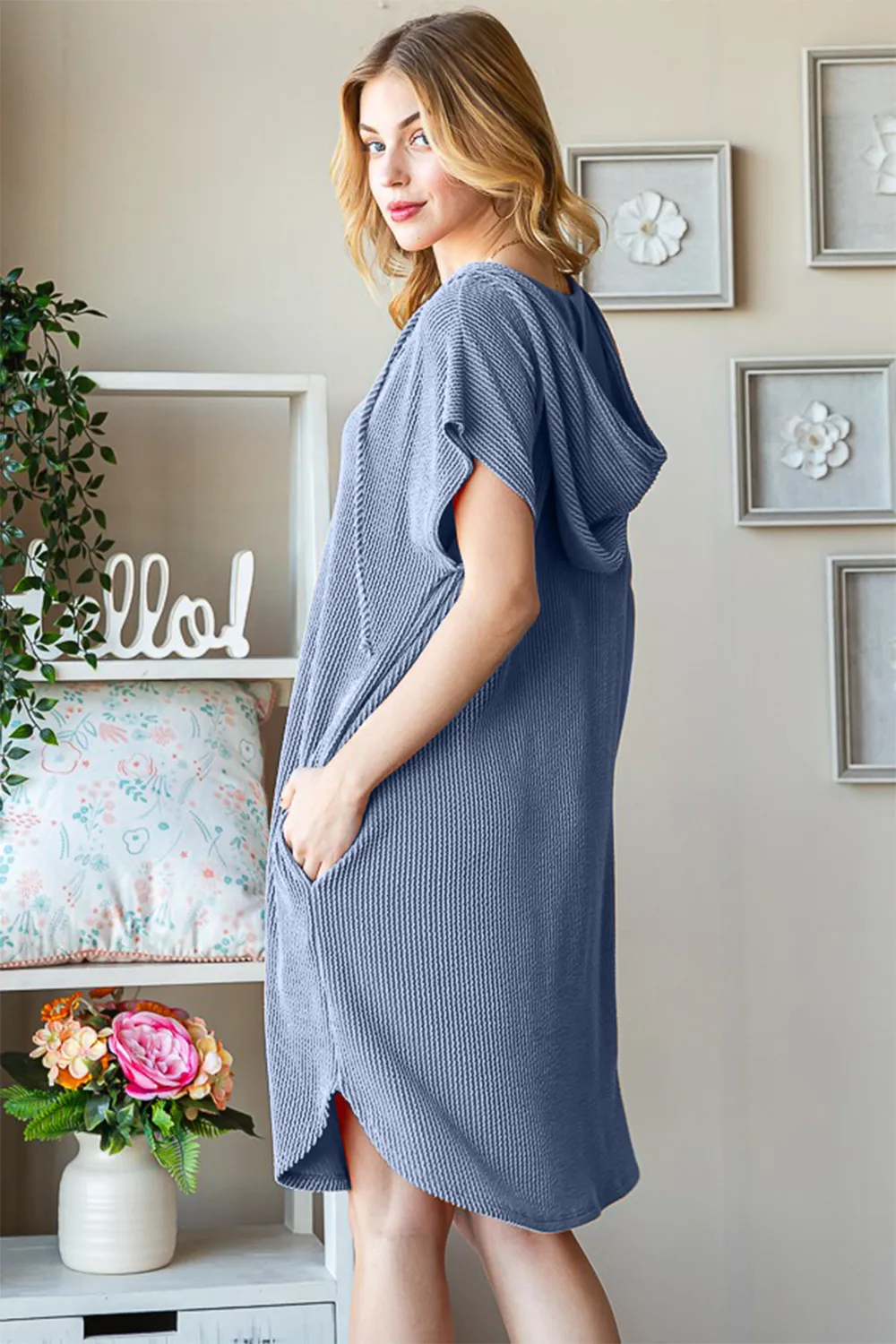 Full Size Ribbed Short Sleeve Hooded Dress, image 2