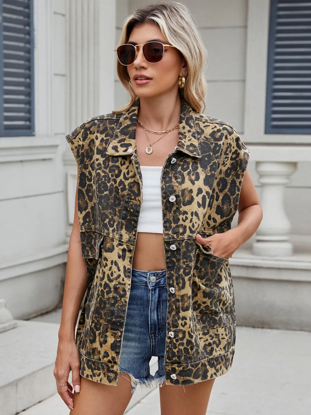 Leopard Buttton Up Denim Vest, image 8