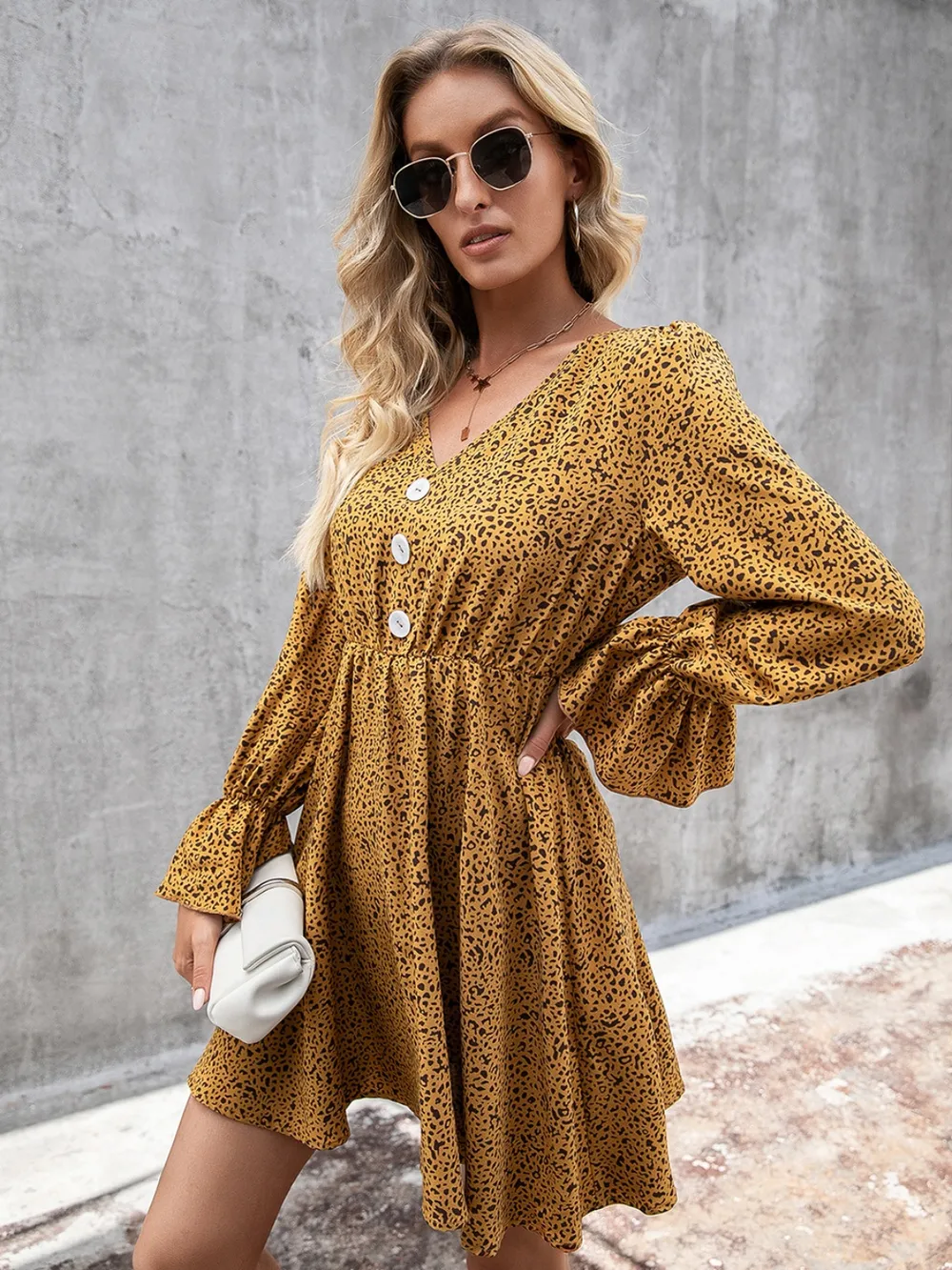 Decorative Button V-Neck Flounce Sleeve Dress, image 5