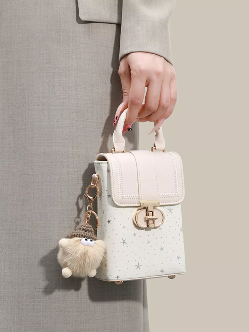 Star-Patterned Mini Crossbody Bag with Plush Charm, image 3