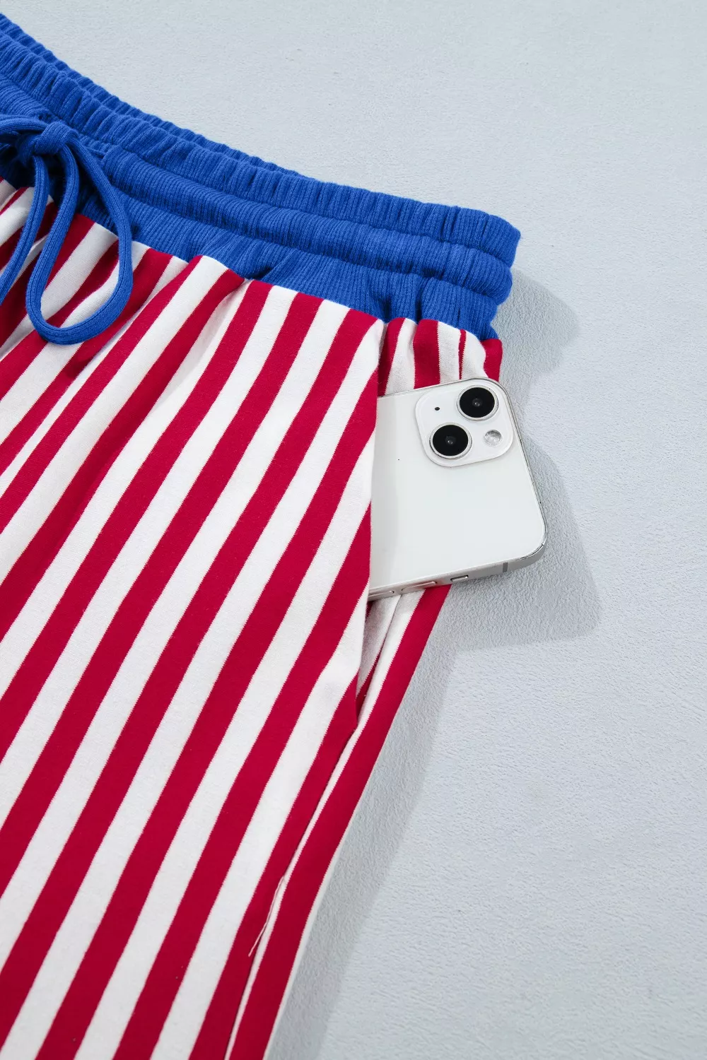 Stripe Colorblock Trim V Neck Tee Drawstring Elastic Waist Shorts Set, image 6