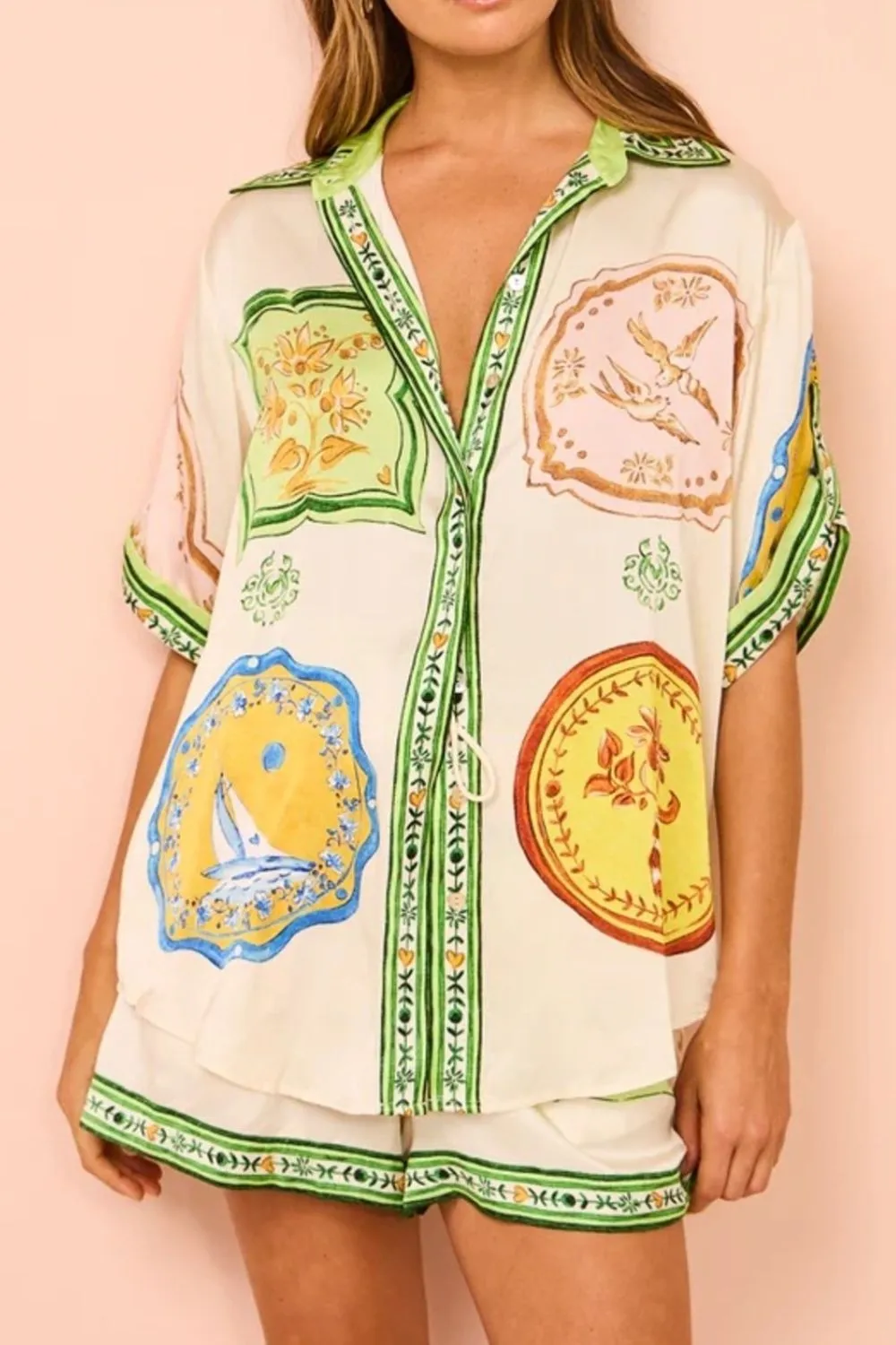 Printed Short Sleeve Button Down Top and Shorts Set, image 2