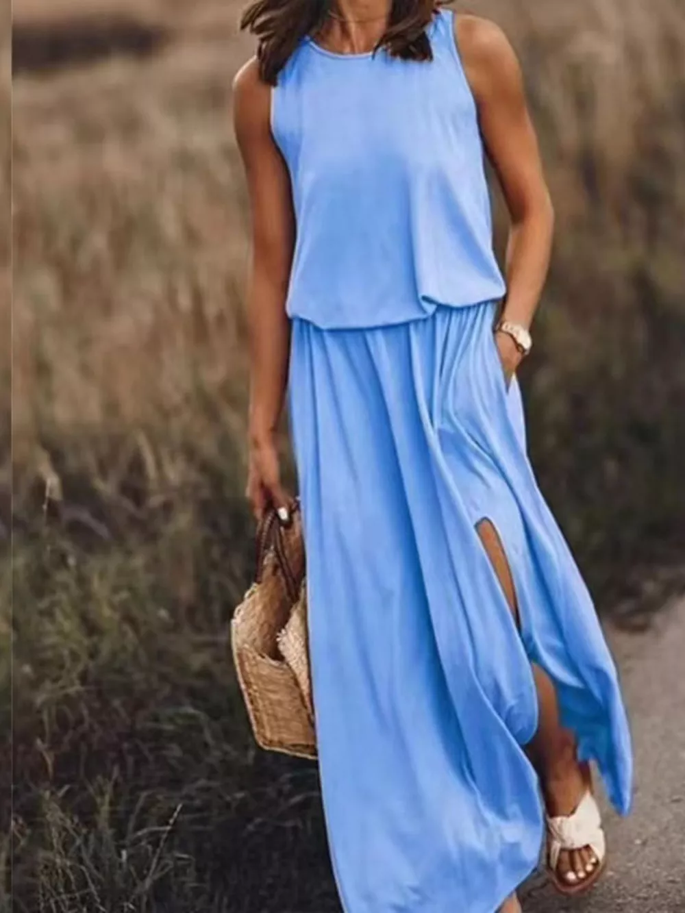 Full Size Round Neck Sleeveless Slit Maxi Dress Plus Size, image 28