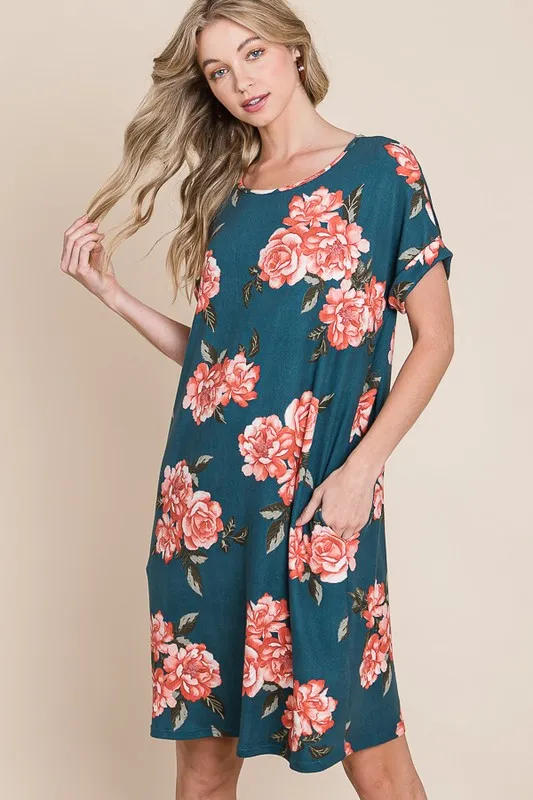 Floral Round Neck Short Tee Dress with Pockets, image 3