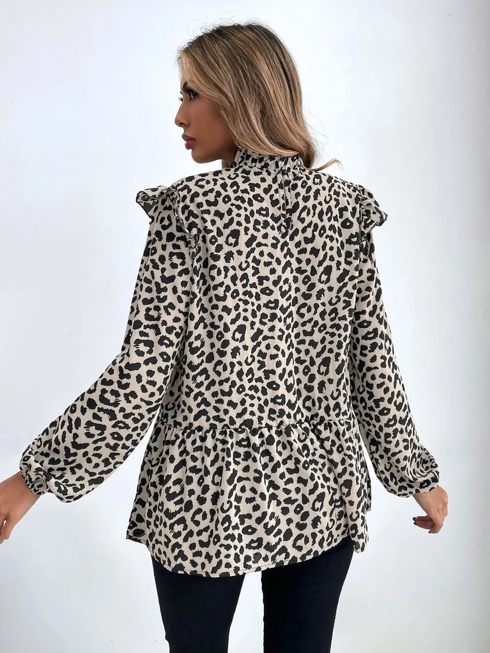 Ruffled Leopard Mock Neck Long Sleeve Blouse, image 6