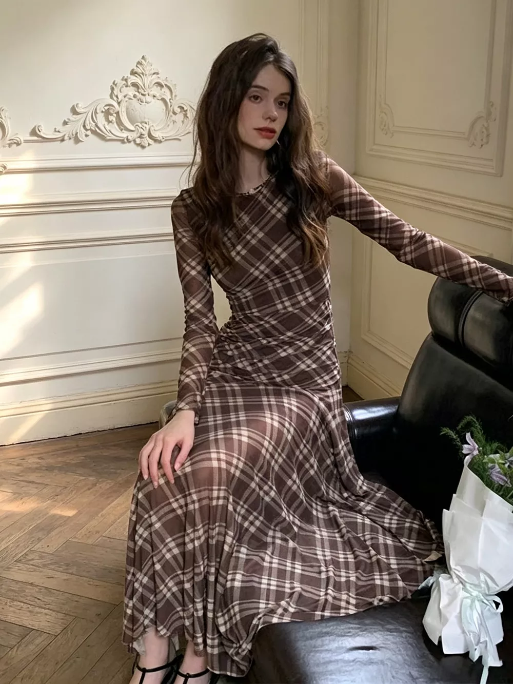 Plaid Long-Sleeve Slim-Fit Maxi Dress, image 5