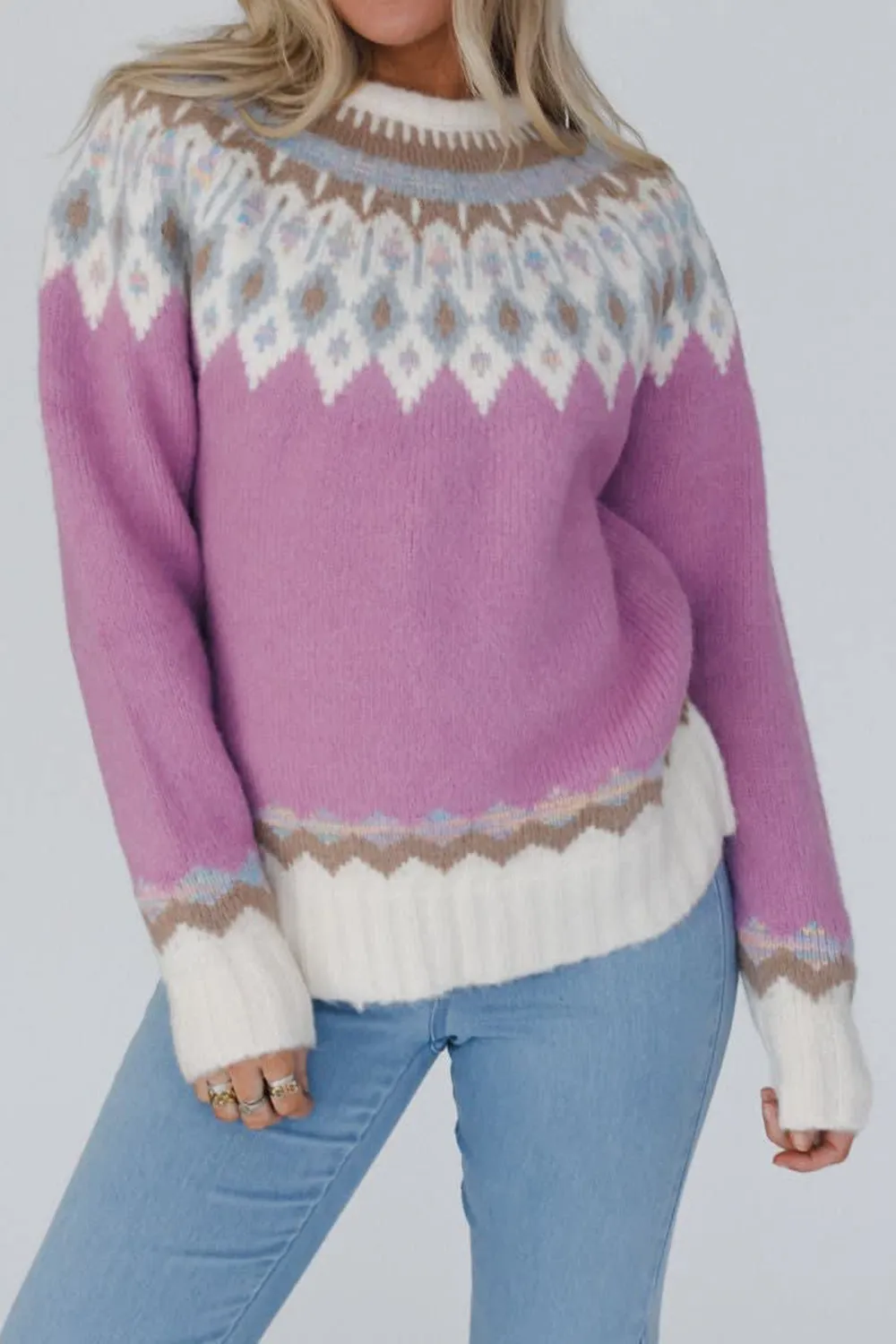 Geometric Round Neck Long Sleeve Sweater, image 2