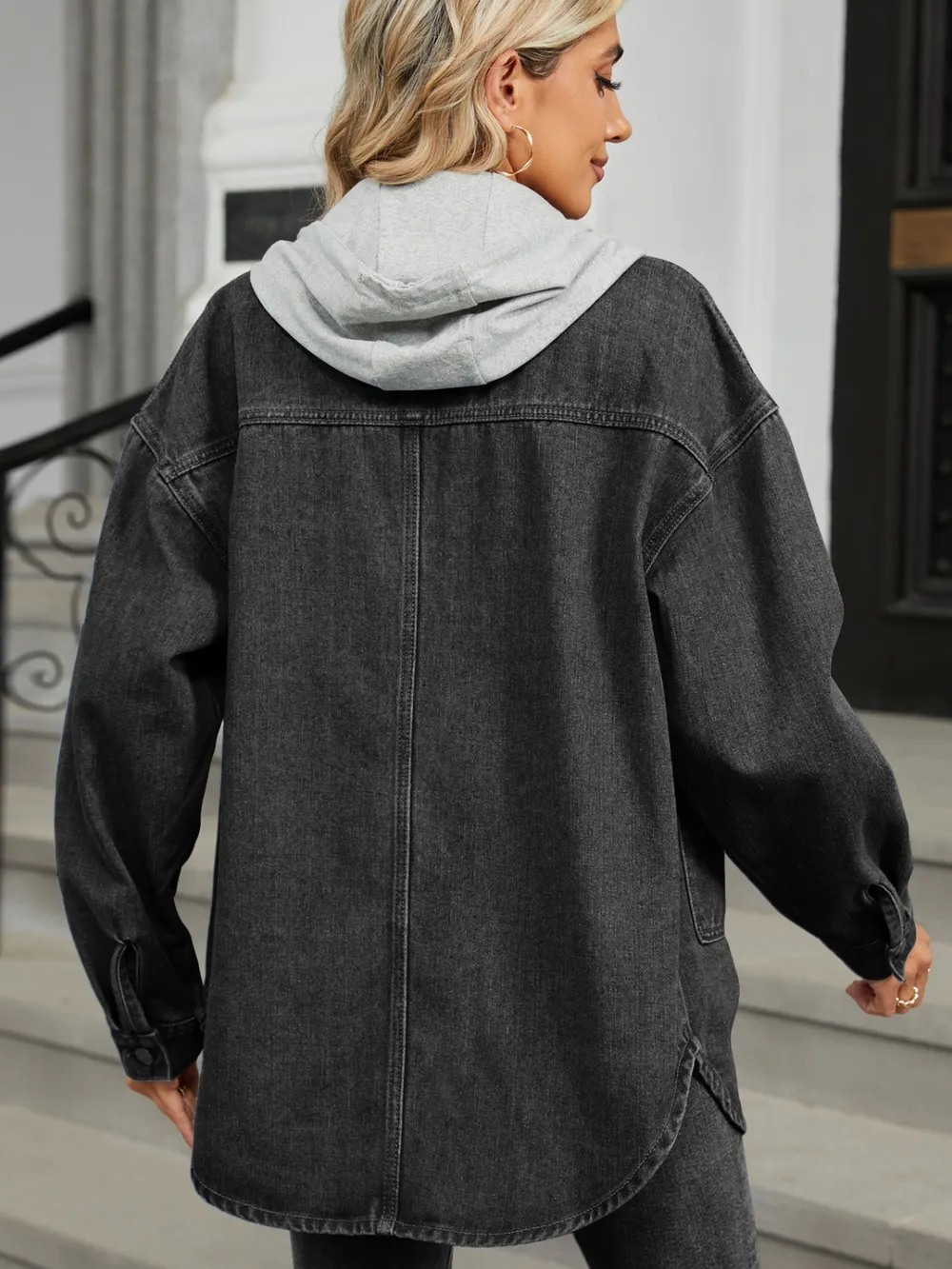 Removable Hood Button Up Long Sleeve Denim Jacket, image 9