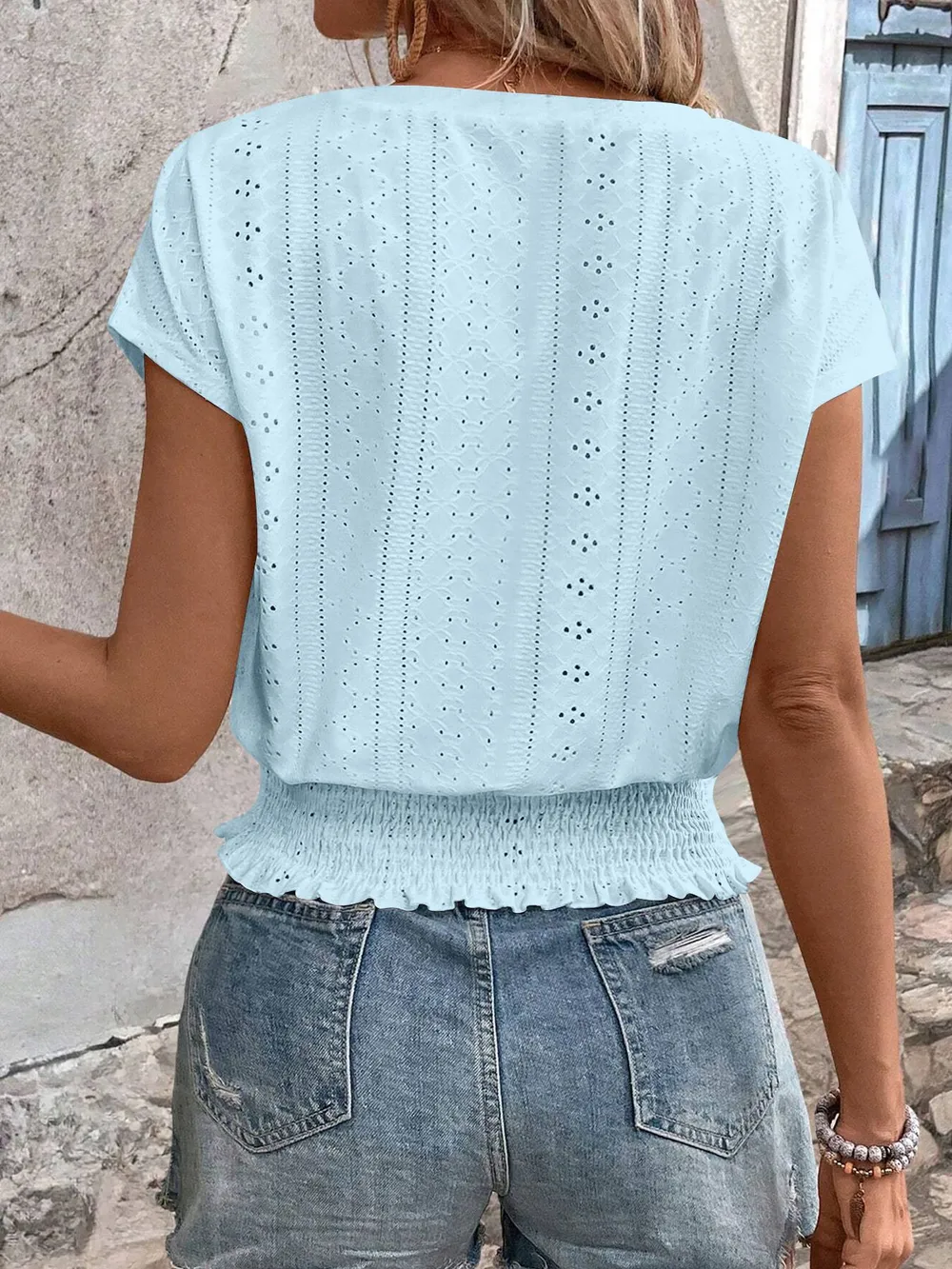 Eyelet V-Neck Short Sleeve Blouse, image 12