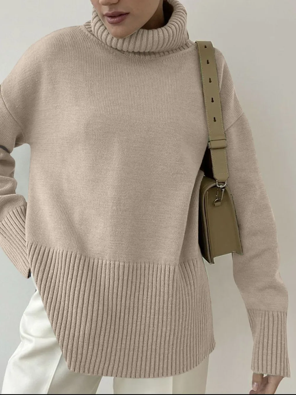 Side Slit Turtleneck Drop Shoulder Sweater, image 6