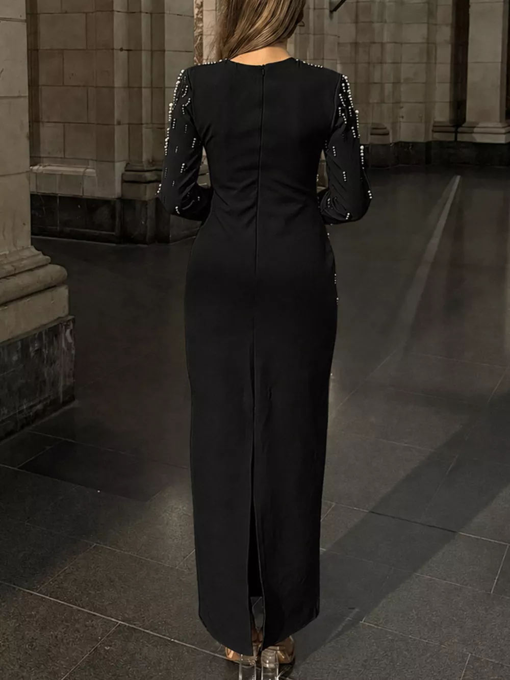 Pearl Detail Long Sleeve Maxi Dress, image 2
