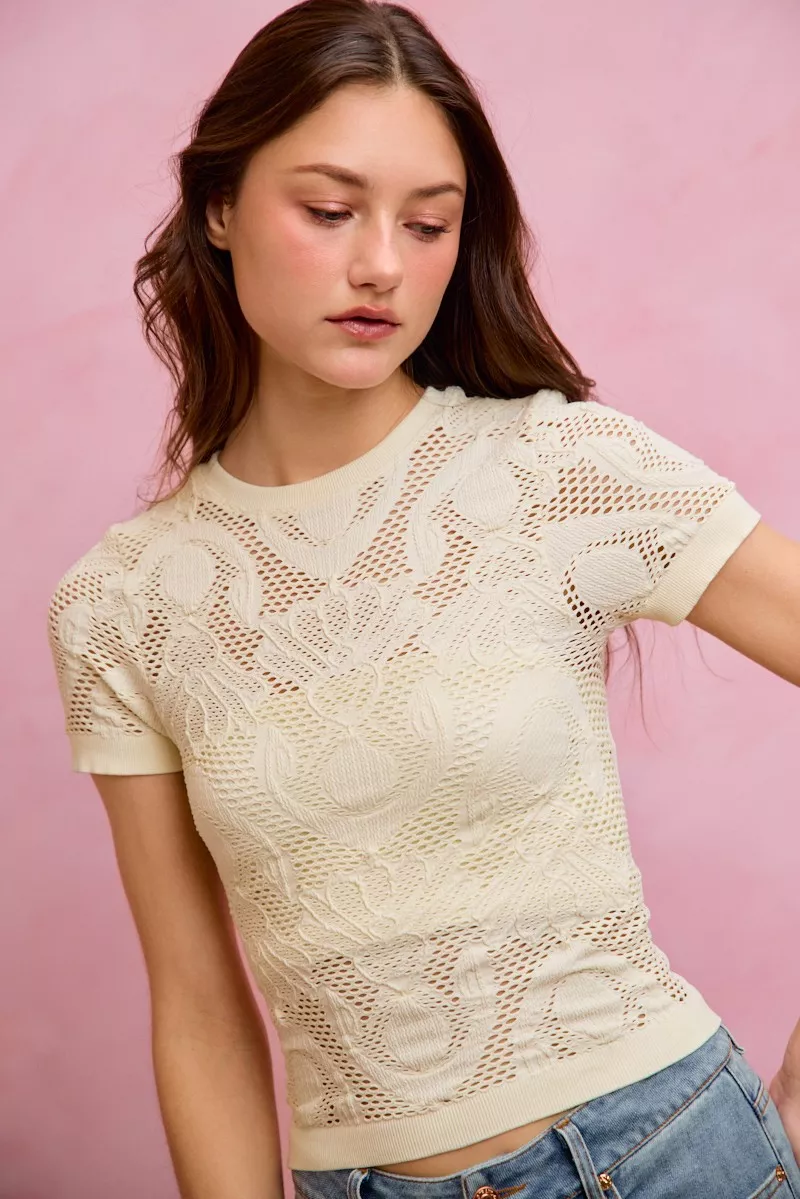 Floral Perforated Seamless Active Short Sleeve Top, image 7