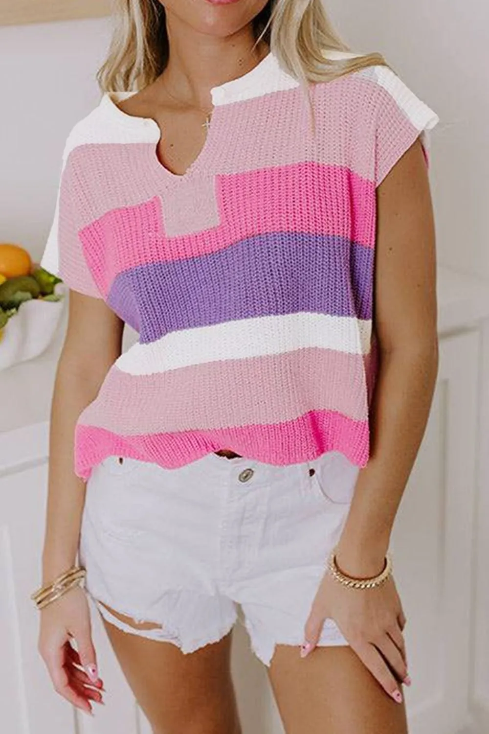 Color Block Notched Short Sleeve Knit Top, image 4
