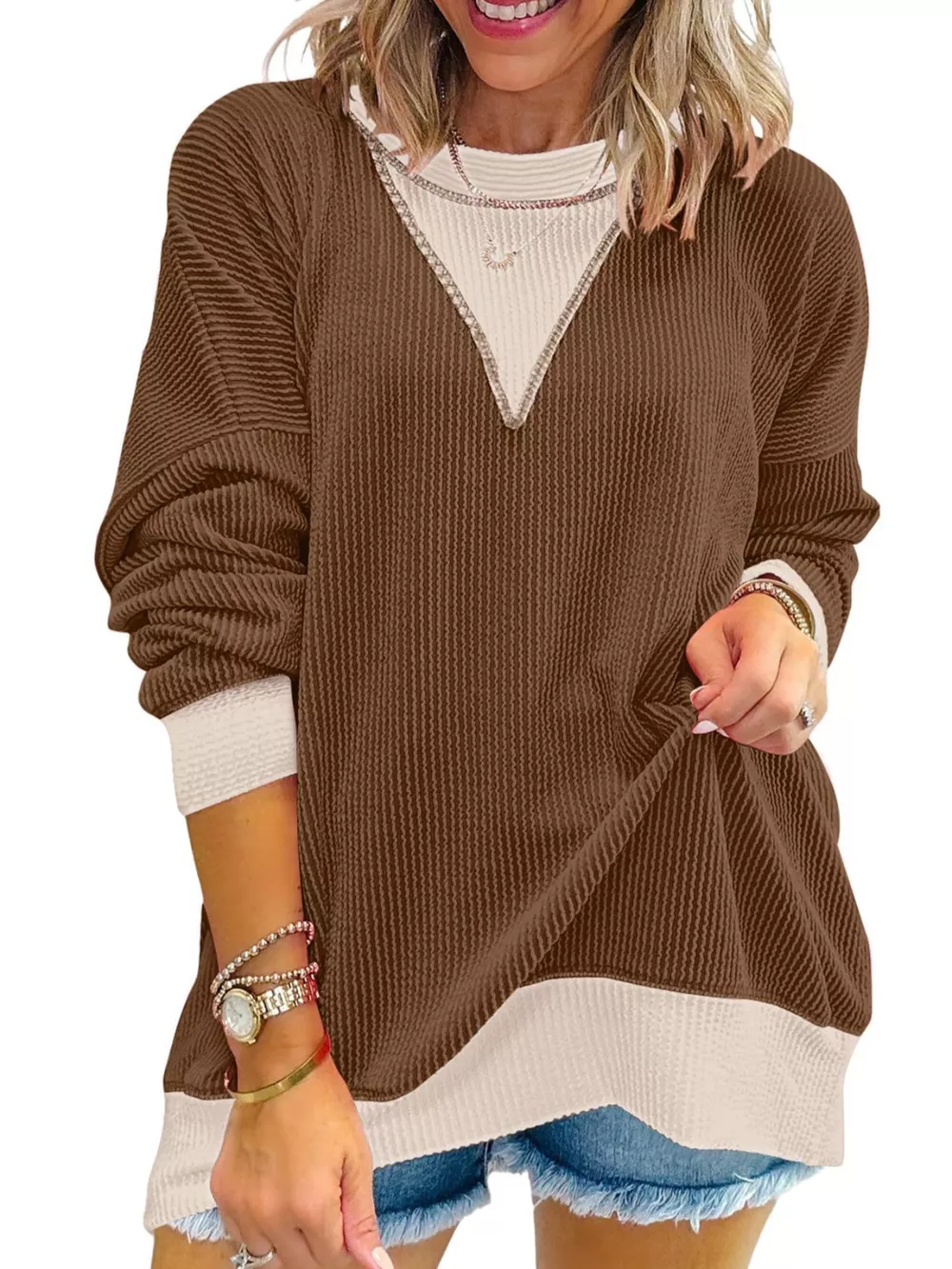 Two-Tone Ribbed Knit Sweatshirt, image 13