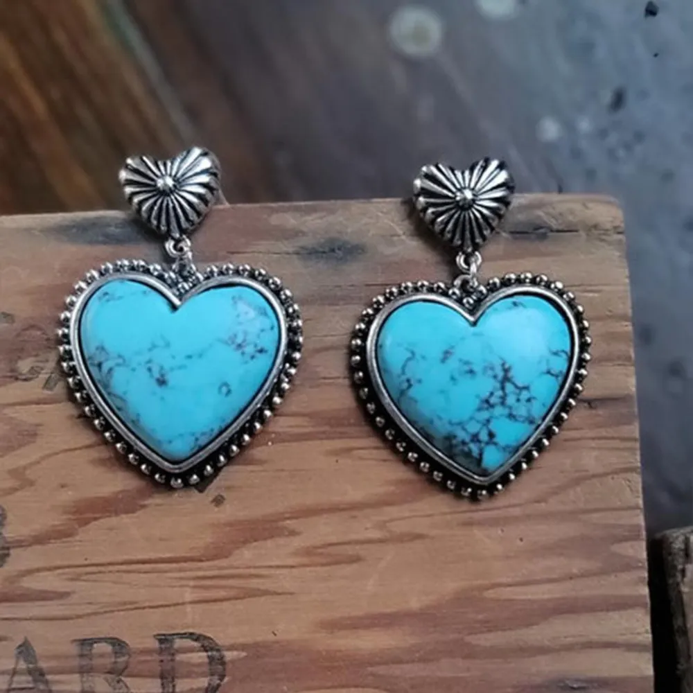 Artificial Turquoise Alloy Heart Dangle Earrings, image 2