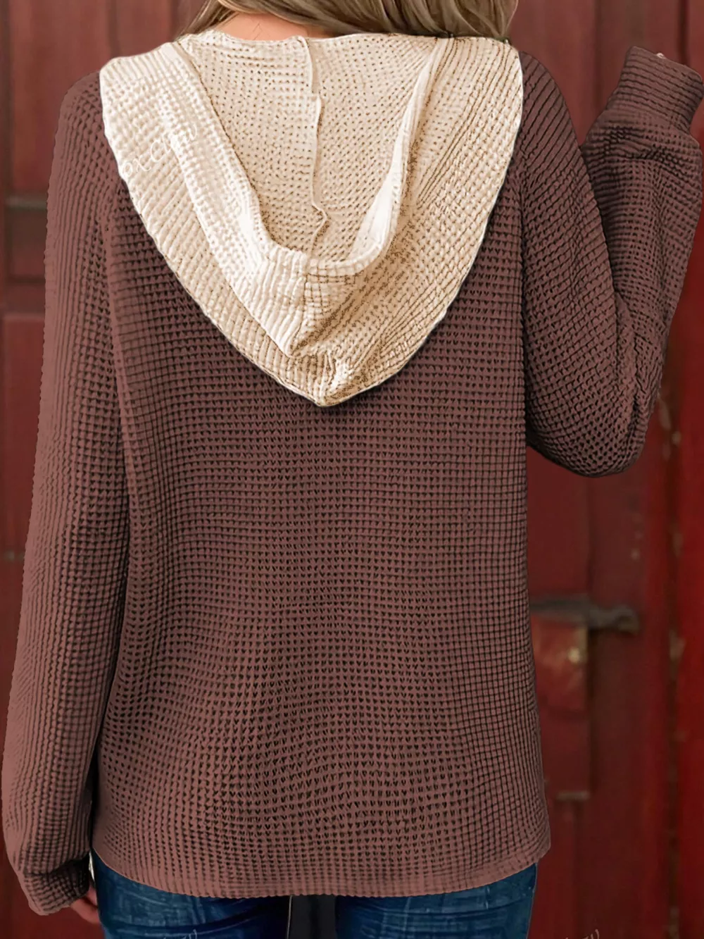 Waffle Contrast Half Buttoned Hooded Pullover Top, image 9