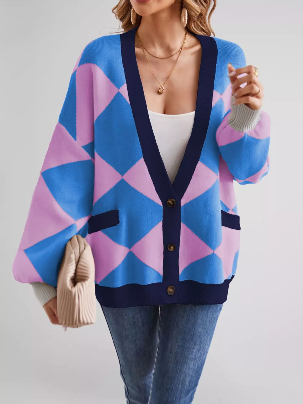Diamond Pattern Button-Up Knit Cardigan, image 11