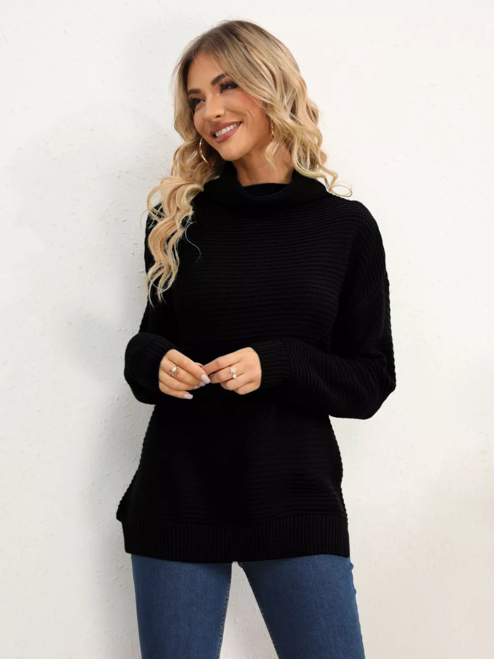 Slit Turtleneck Dropped Shoulder Sweater, image 36