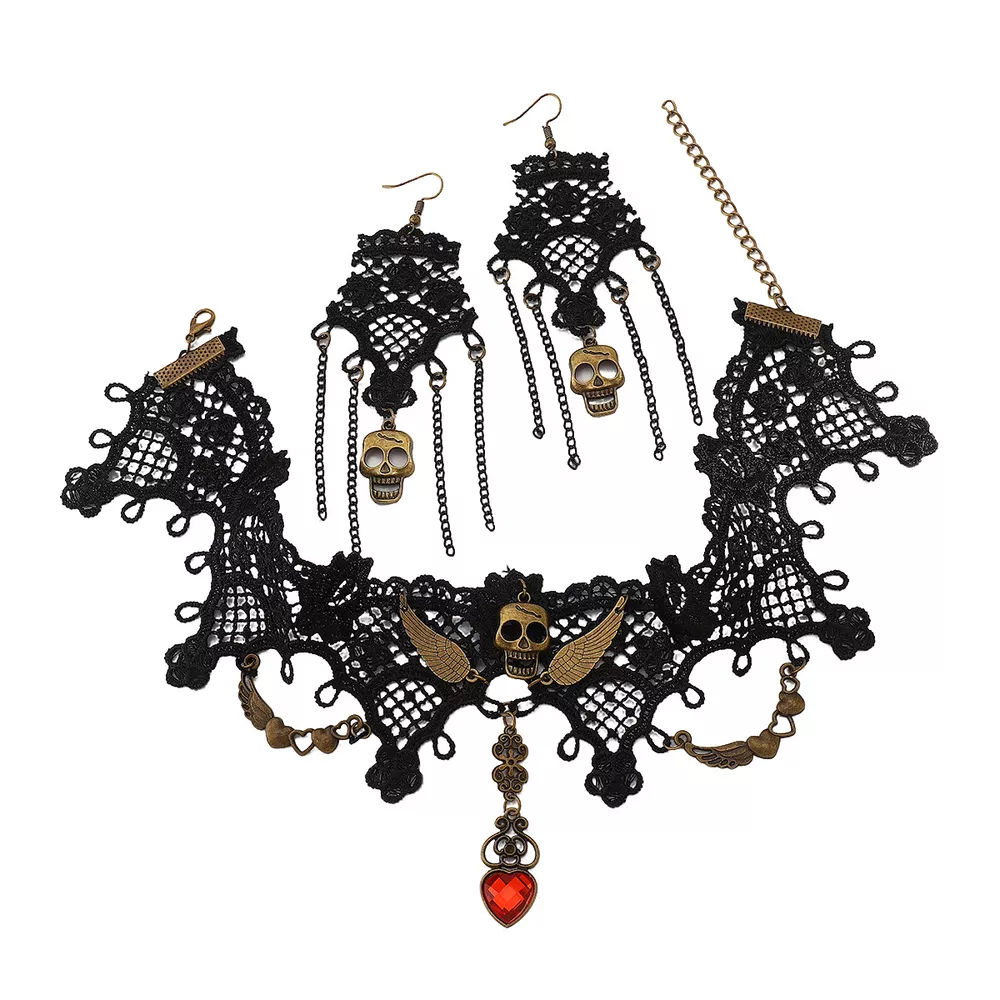 Halloween Lace Skull Necklace and Earrings Jewelry Set, image 7