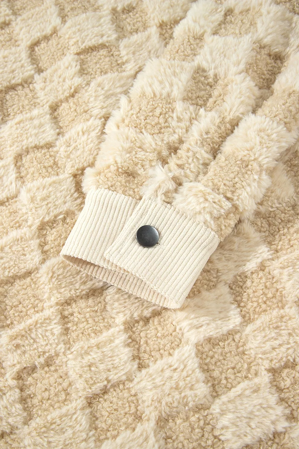 Plush Checkered Corduroy Trim Metal Button Long Sleeve Shift Silhouette Shacket, image 13