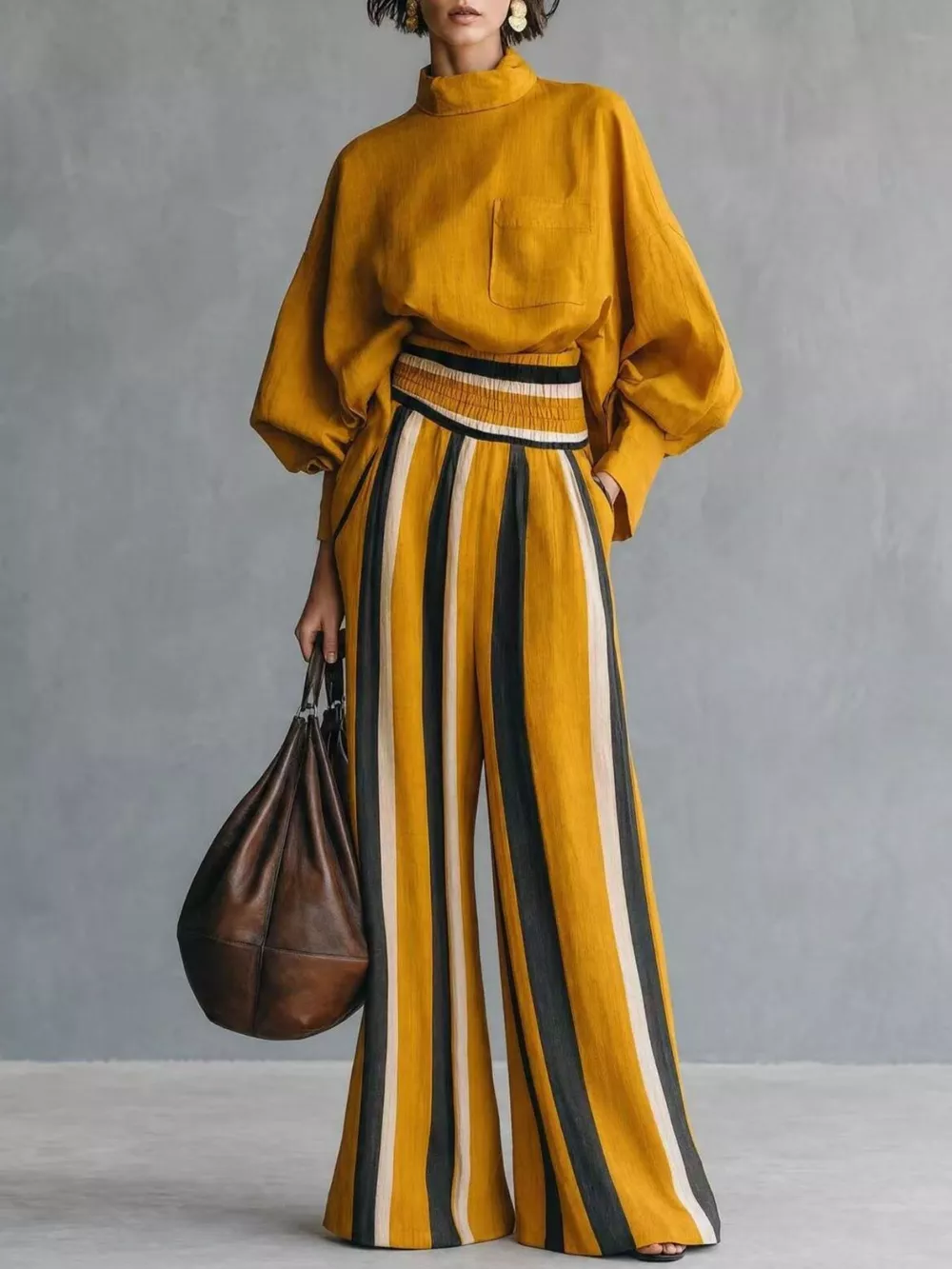 Full Size Mock Neck Top and Striped Wide-Leg Pants Set Plus Size, image 7